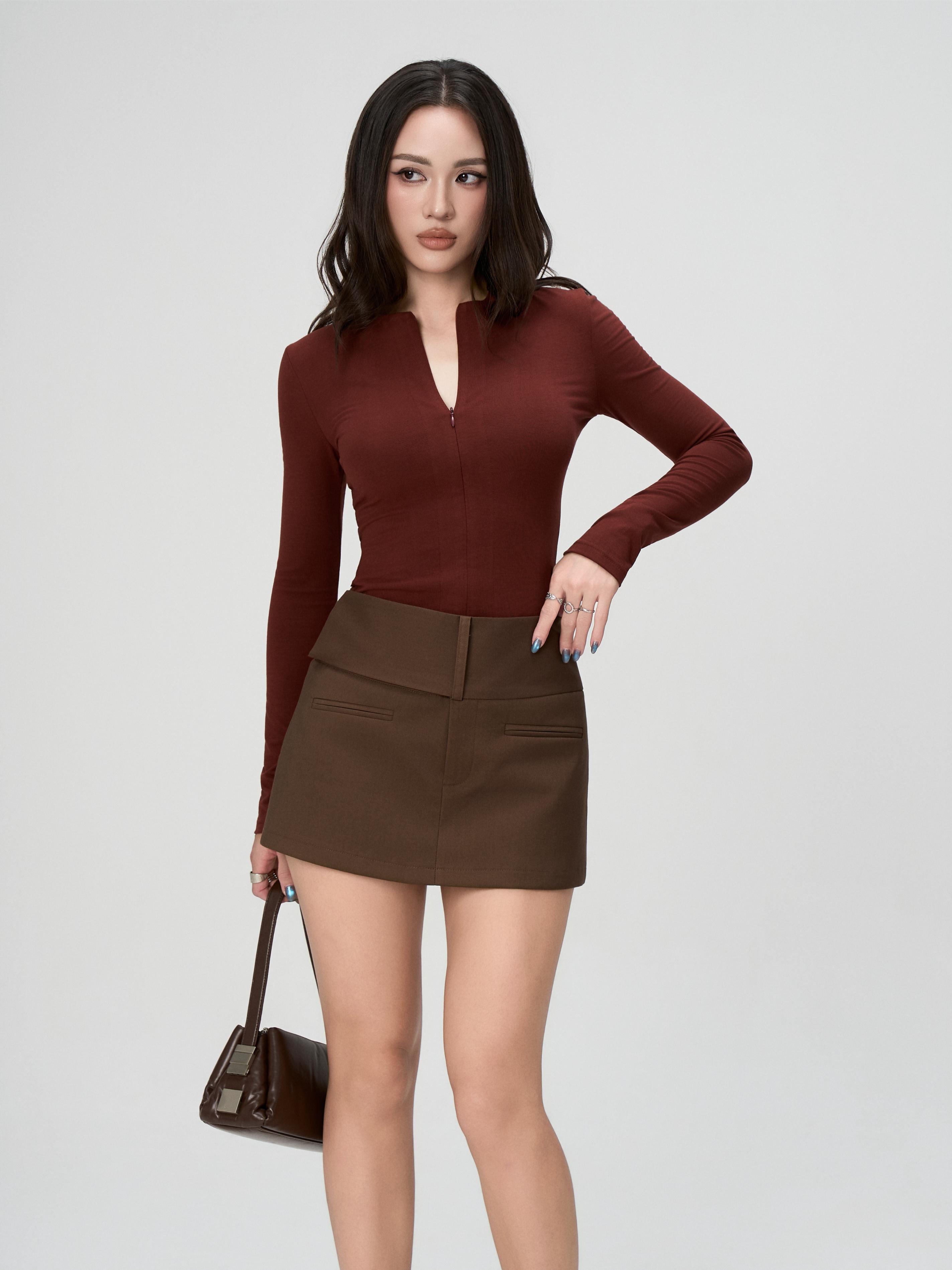 Áo Thun Nữ Dài Tay BUSY Cổ Tròn Khóa Ôm Dáng - DT15T-2