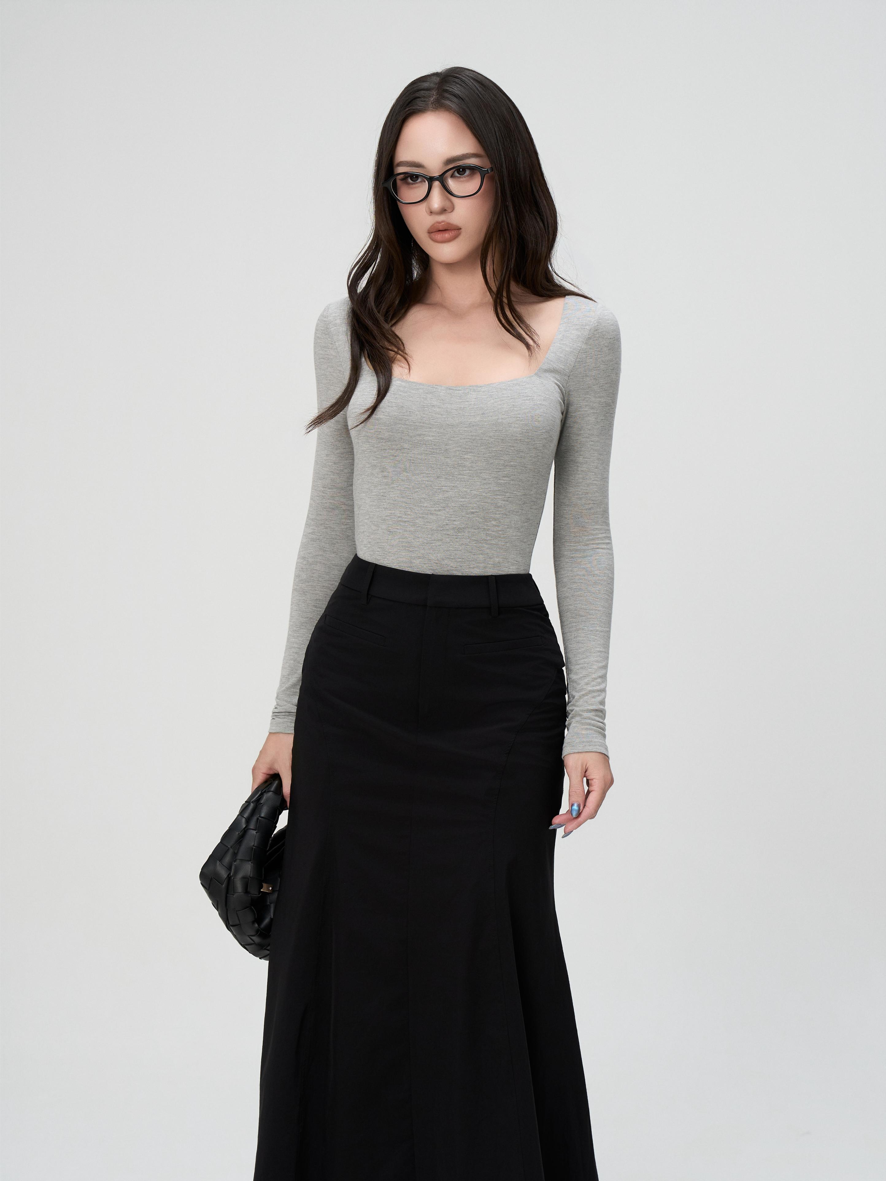 Áo Thun Nữ Dài Tay BUSY Cổ Vuông Hai Lớp Ôm Dáng - DT11T-2