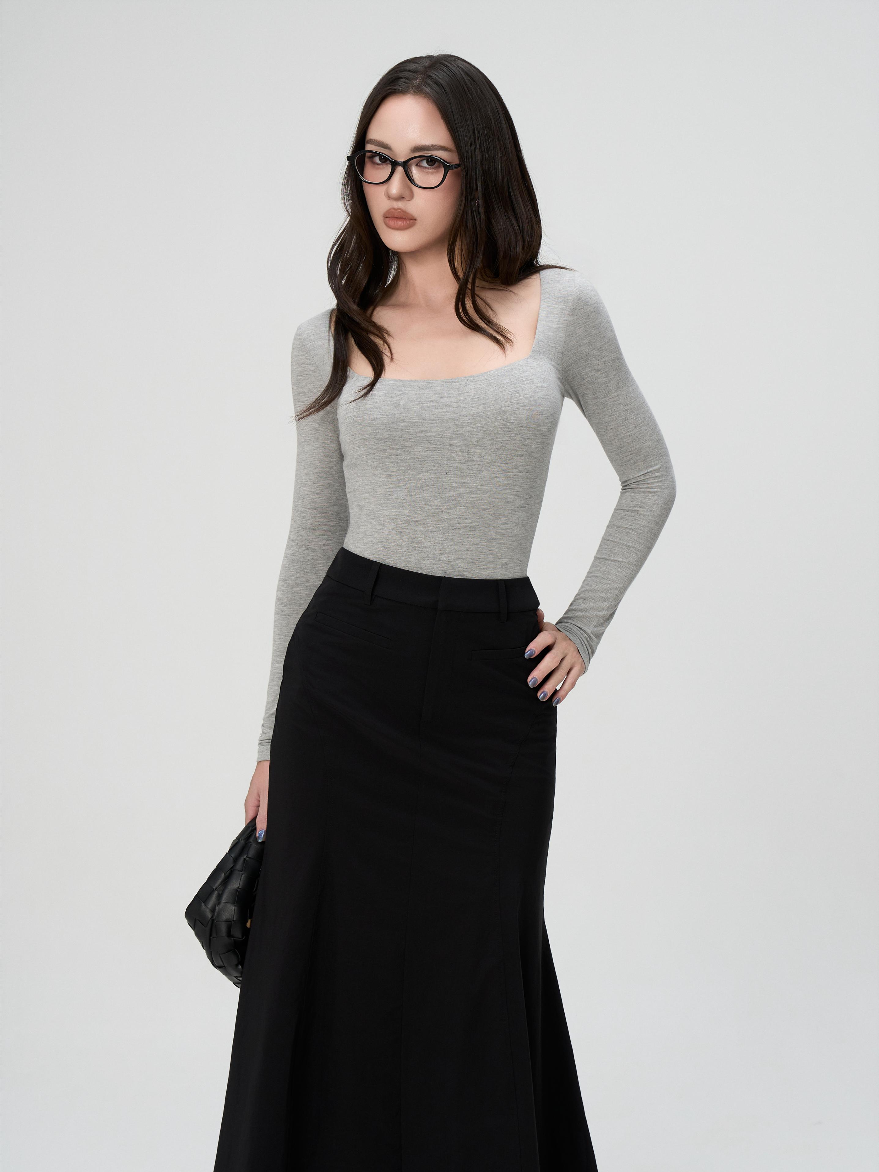 Áo Thun Nữ Dài Tay BUSY Cổ Vuông Hai Lớp Ôm Dáng - DT11T-2