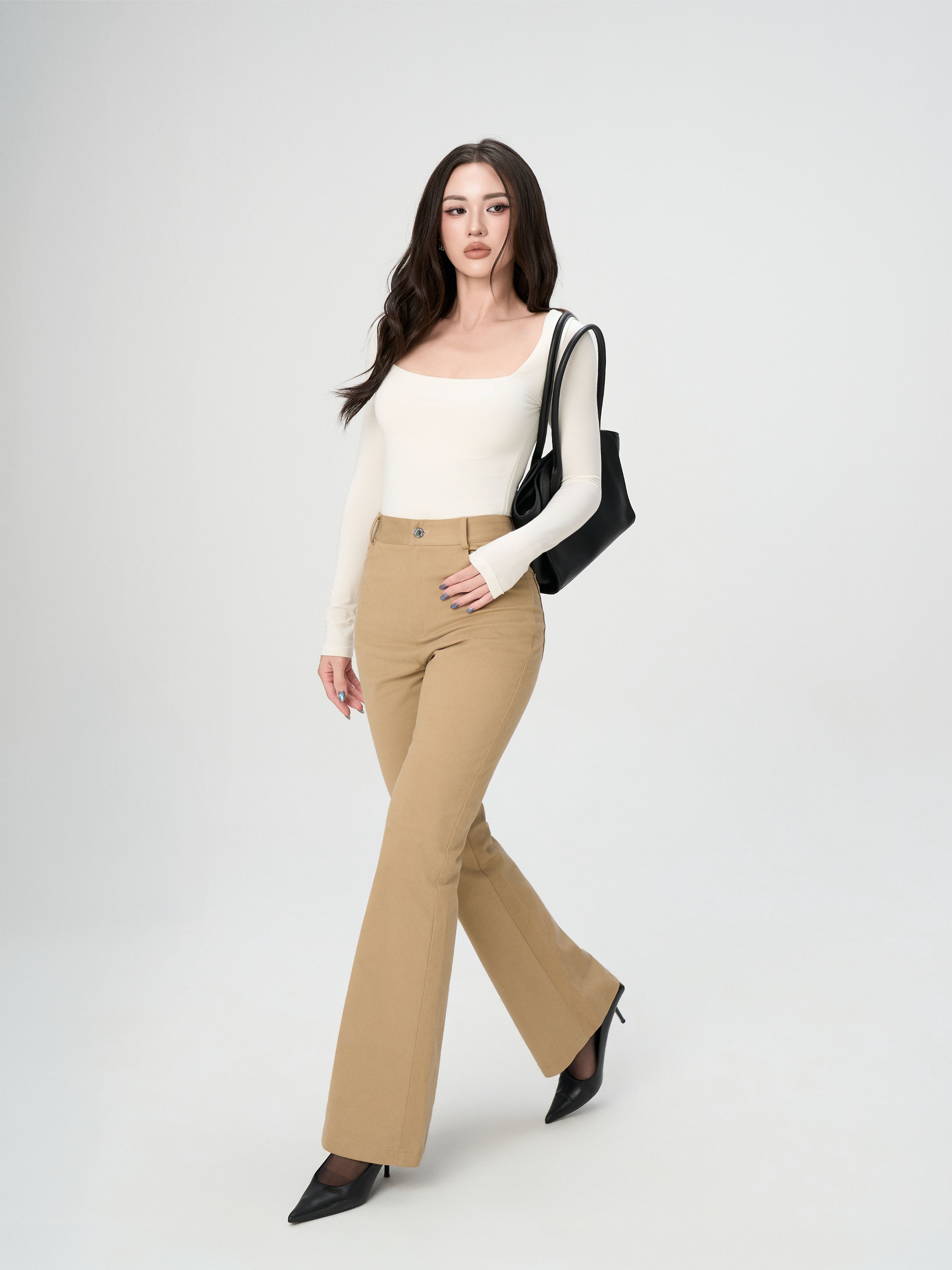 Áo Thun Nữ Dài Tay BUSY Cổ Vuông Hai Lớp Ôm Dáng - DT11T-2