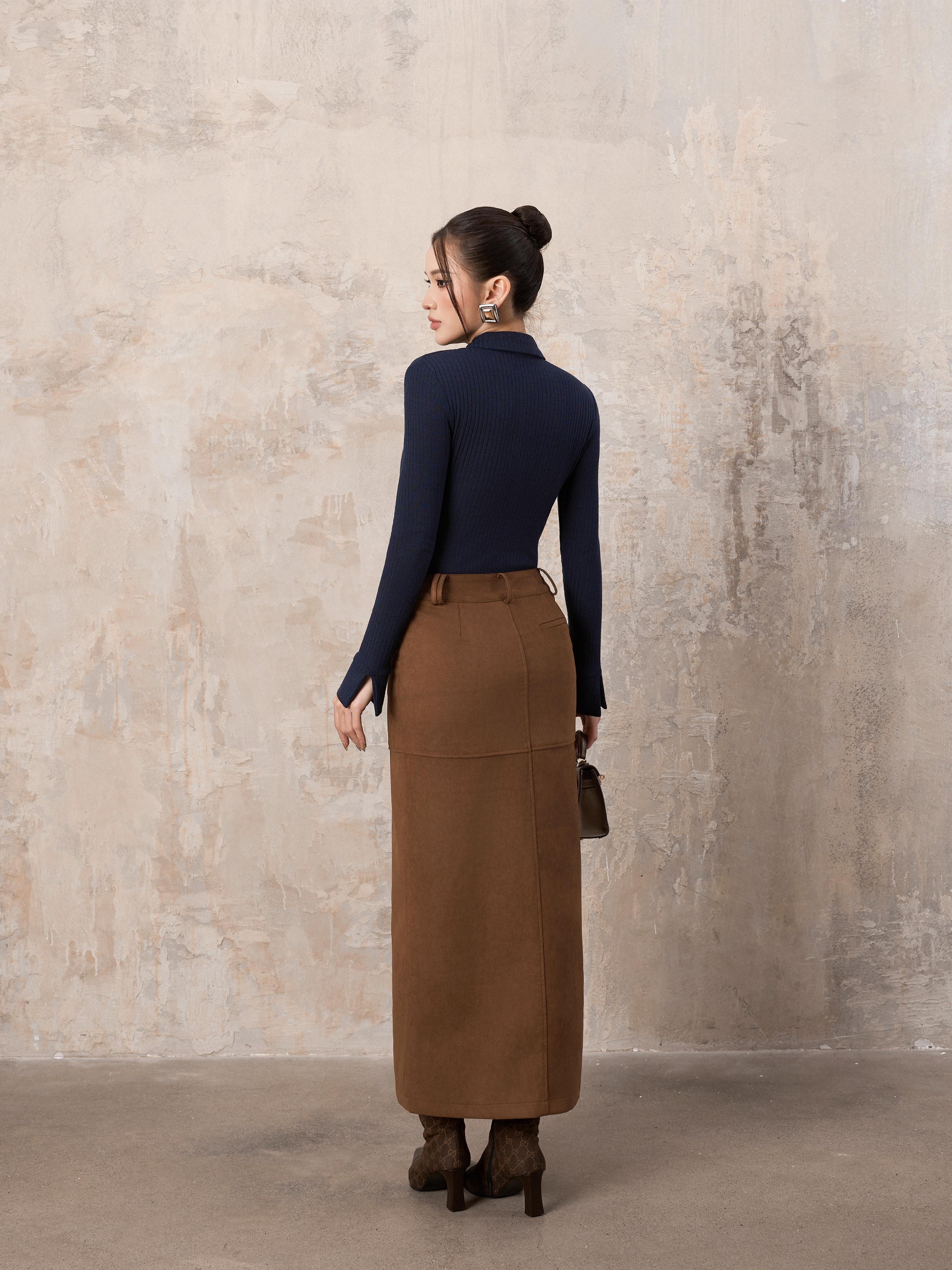 Chân Váy Da Lộn Xẻ Trước