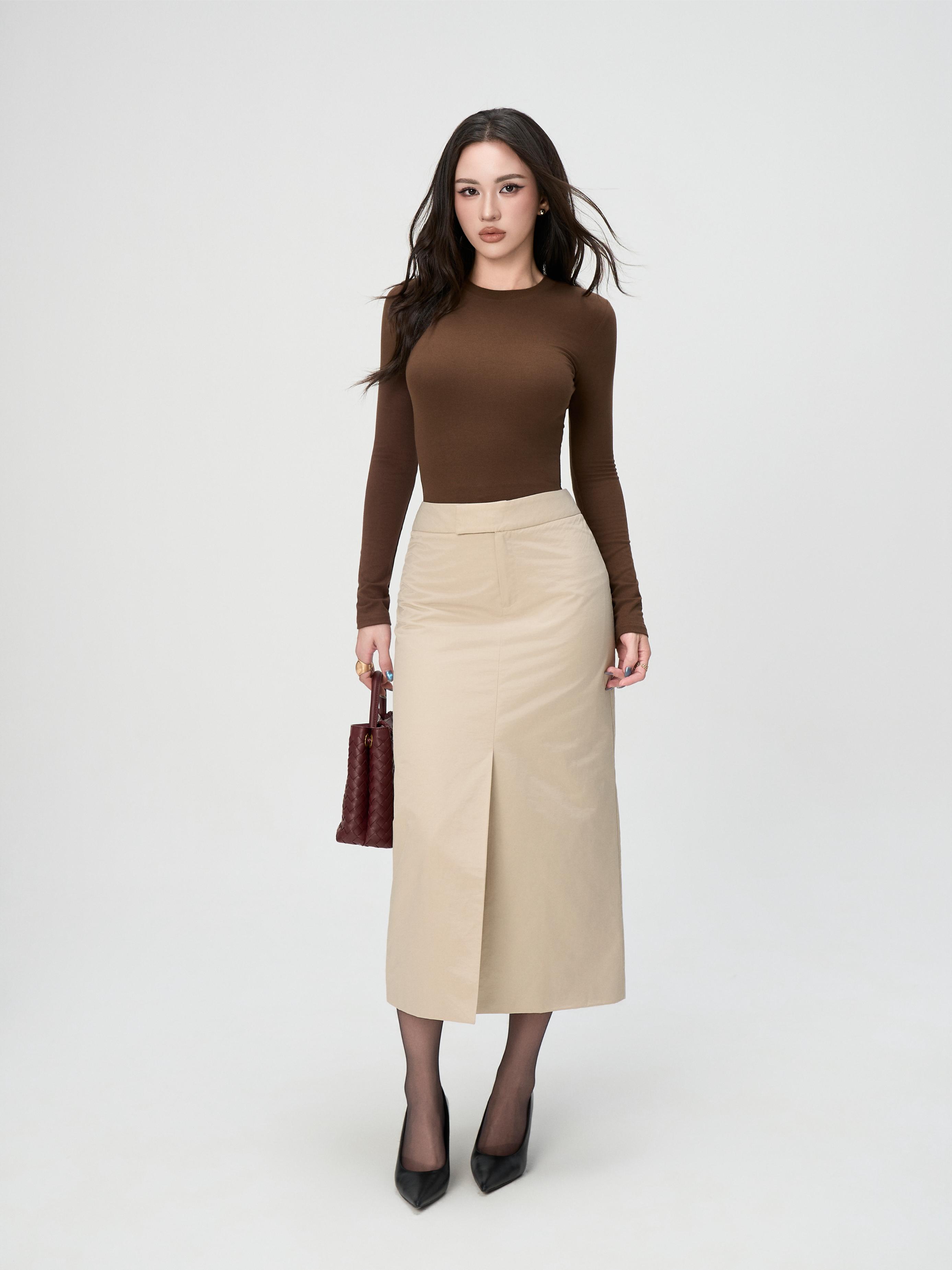 Chân Váy Midi Nữ BUSY Kaki Gió Cạp Cao Xẻ Trước - CVKK22