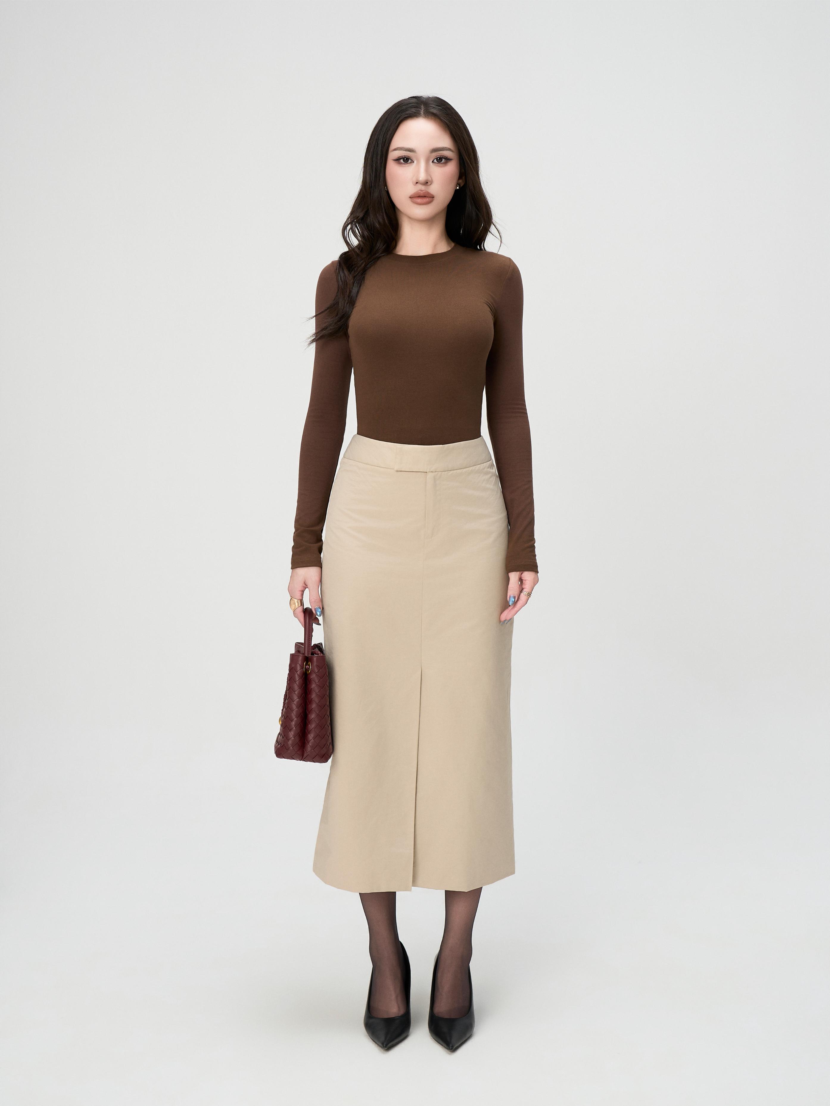 Chân Váy Midi Nữ BUSY Kaki Gió Cạp Cao Xẻ Trước - CVKK22