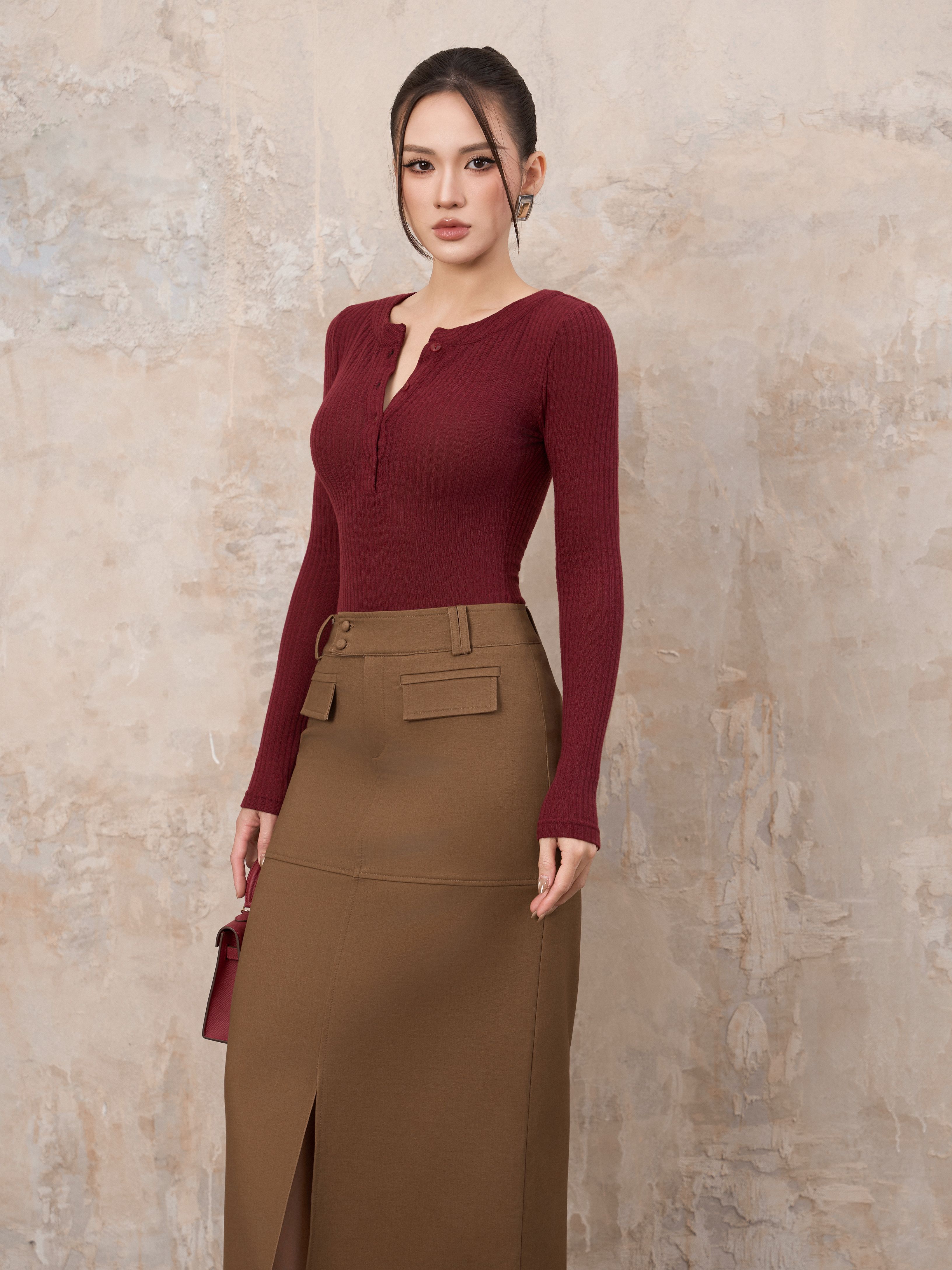Áo Dài Tay Nữ Cổ Trụ Thun Len Gân Ôm Sát - DT52T