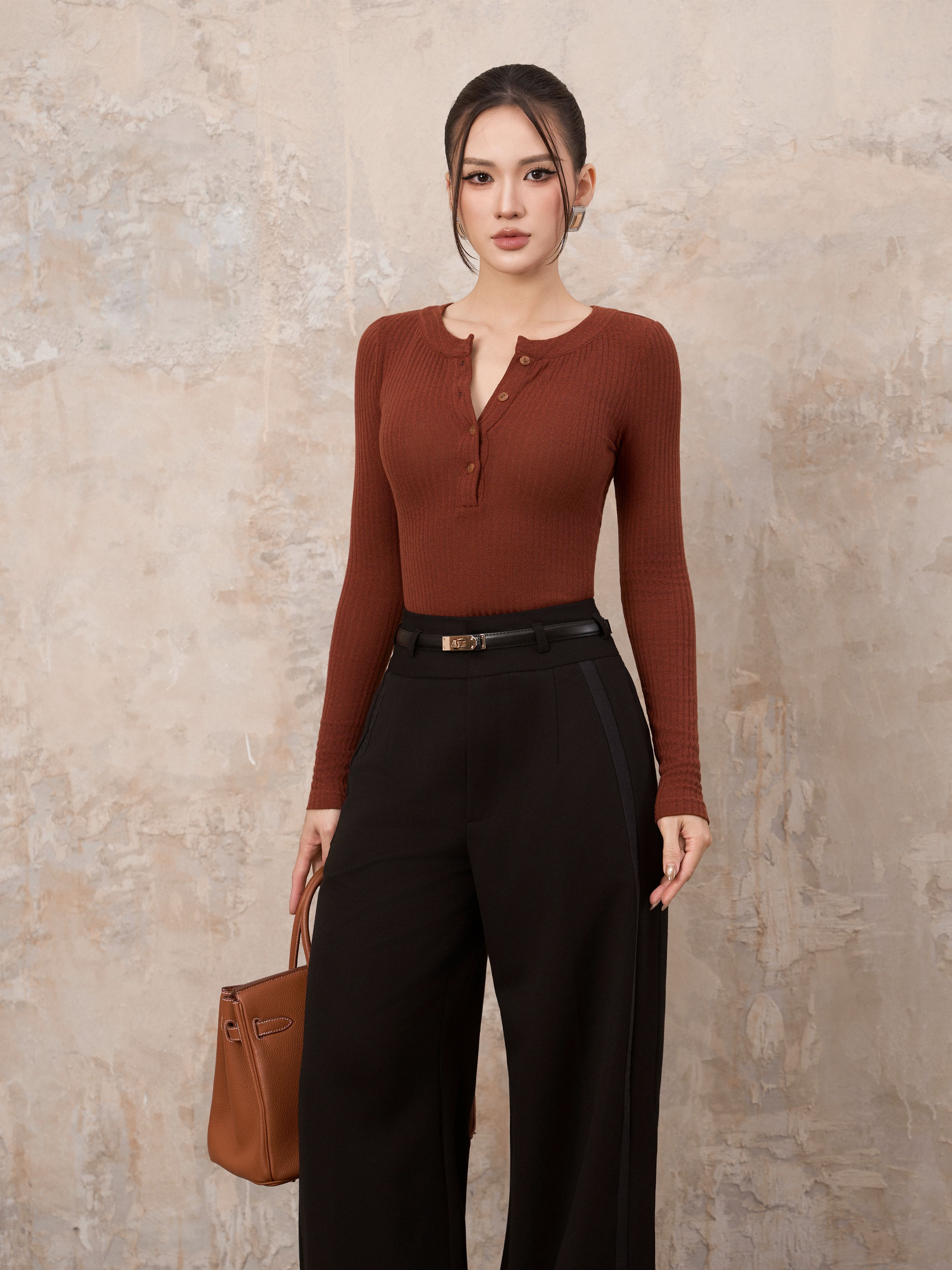 Áo Dài Tay Nữ Cổ Trụ Thun Len Gân Ôm Sát - DT52T
