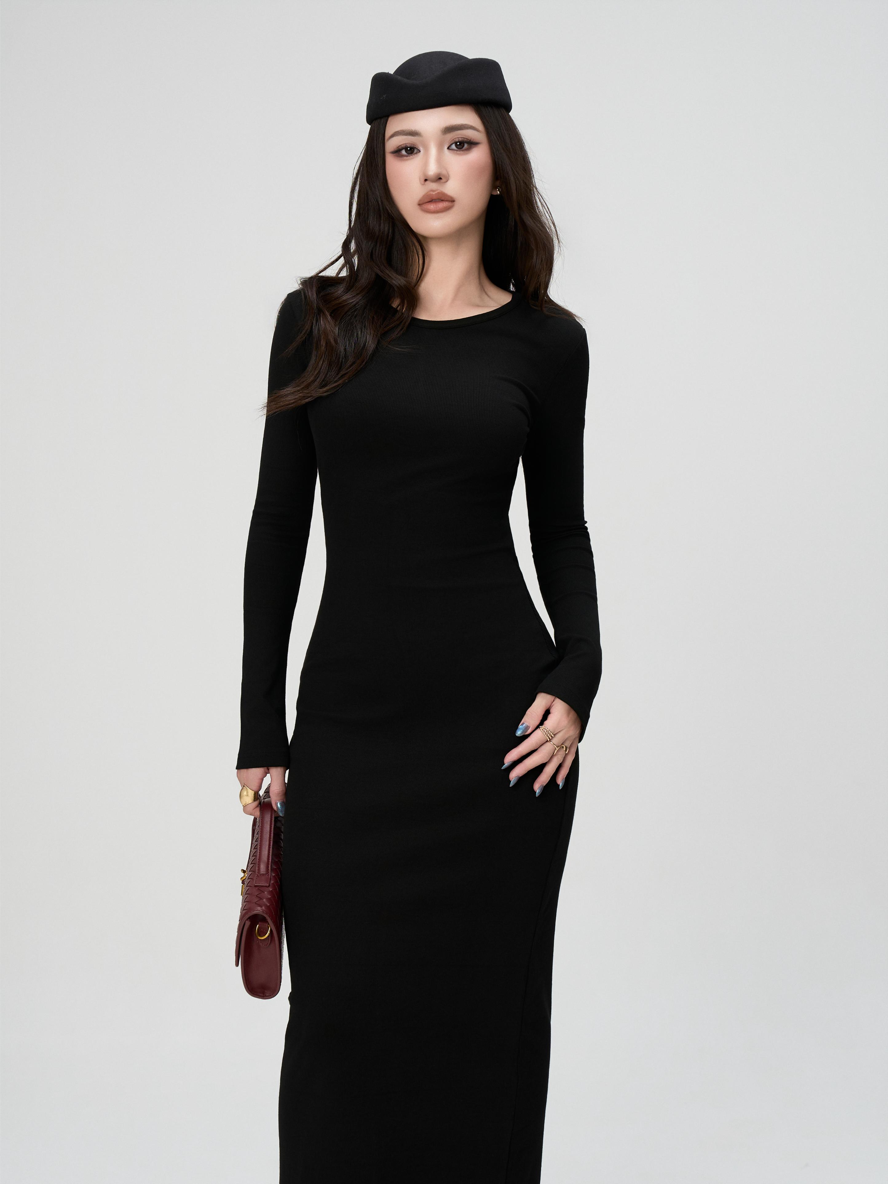 Váy Dài Tay Nữ BUSY Dáng Maxi Ôm Body Cổ Viền - VDT11-SX