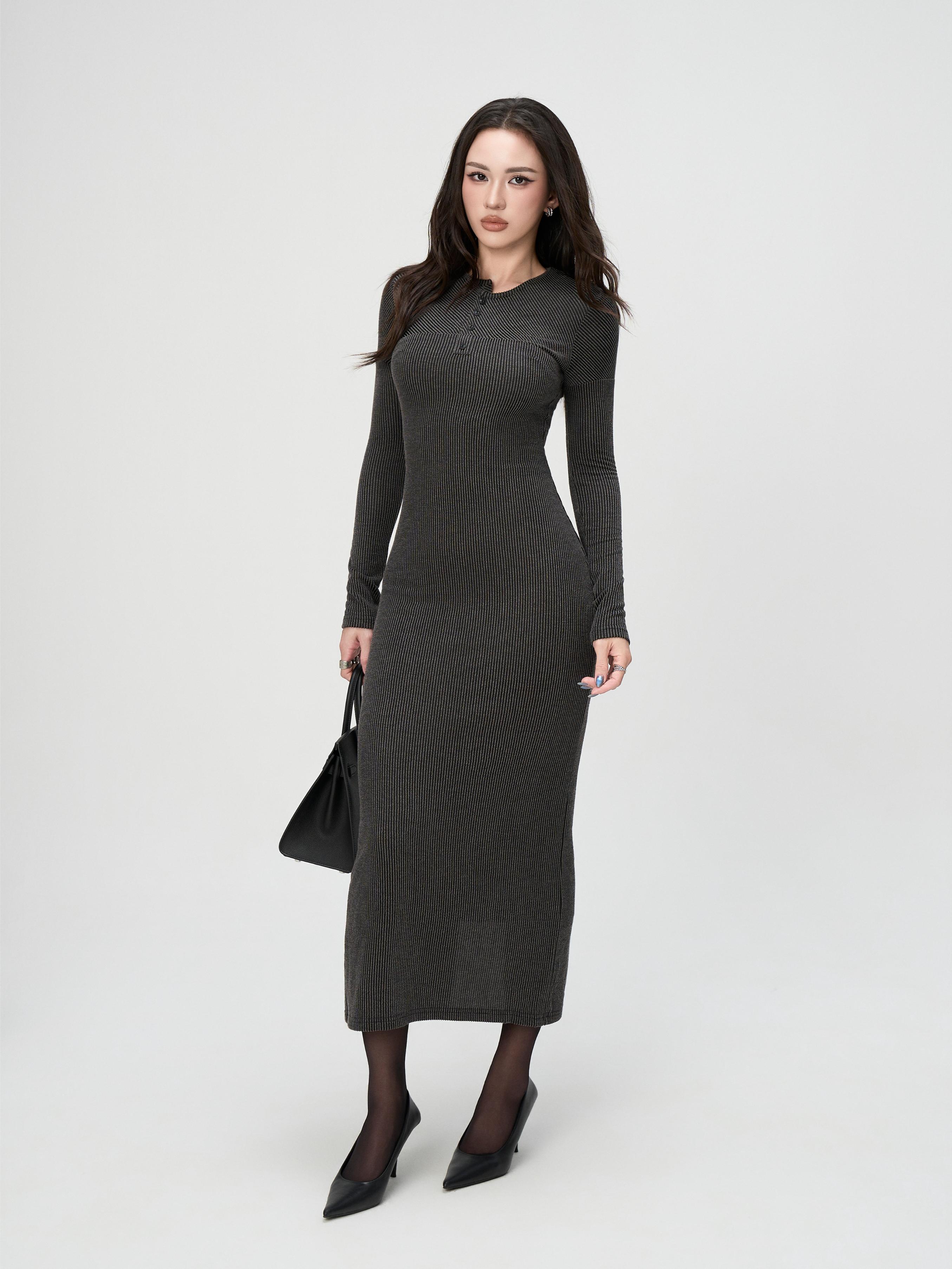 Váy Dài Tay Nữ BUSY Dáng Maxi Ôm Body Kẻ Sọc Cổ Lệch - VDT26