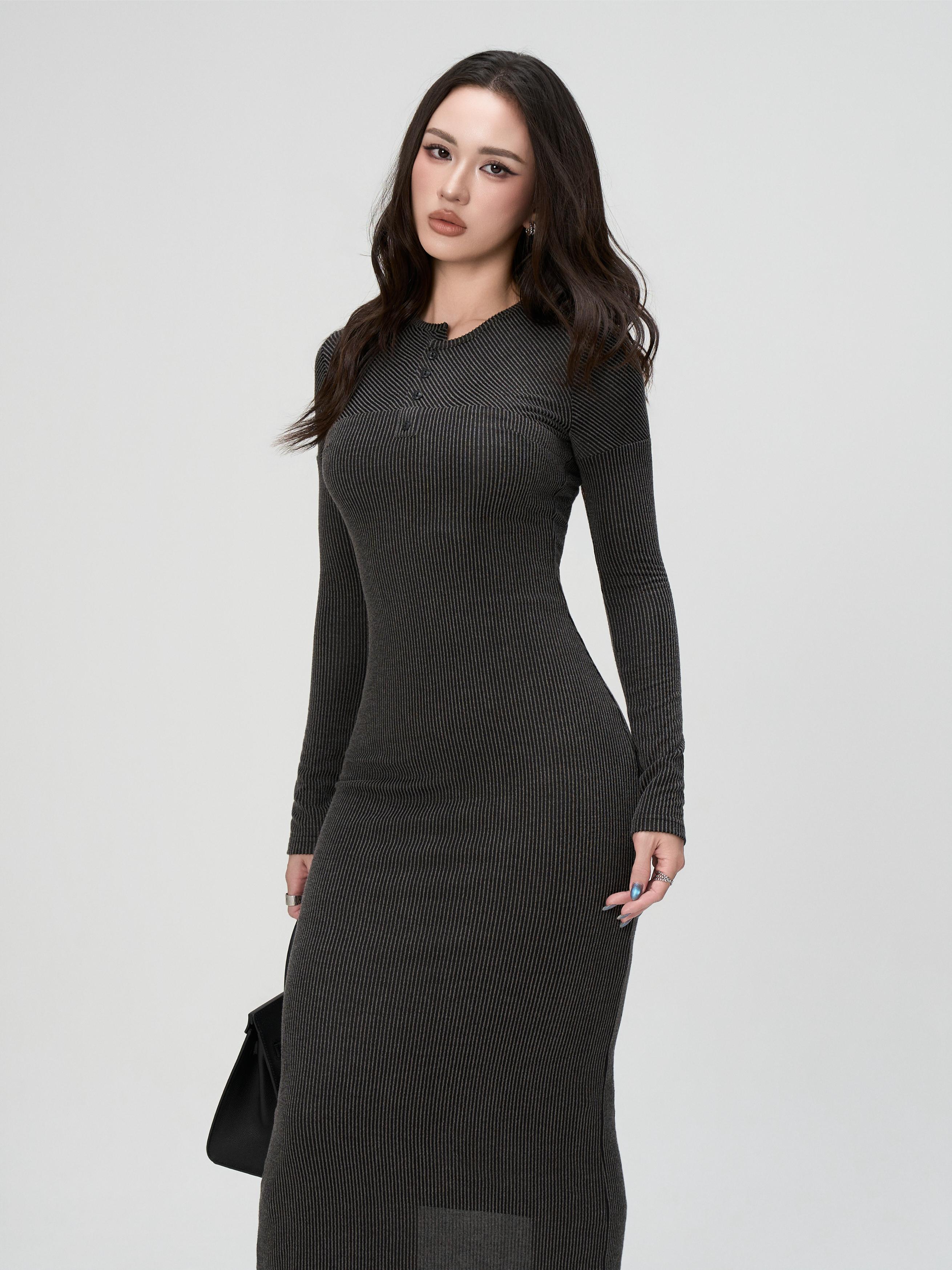 Váy Dài Tay Nữ BUSY Dáng Maxi Ôm Body Kẻ Sọc Cổ Lệch - VDT26