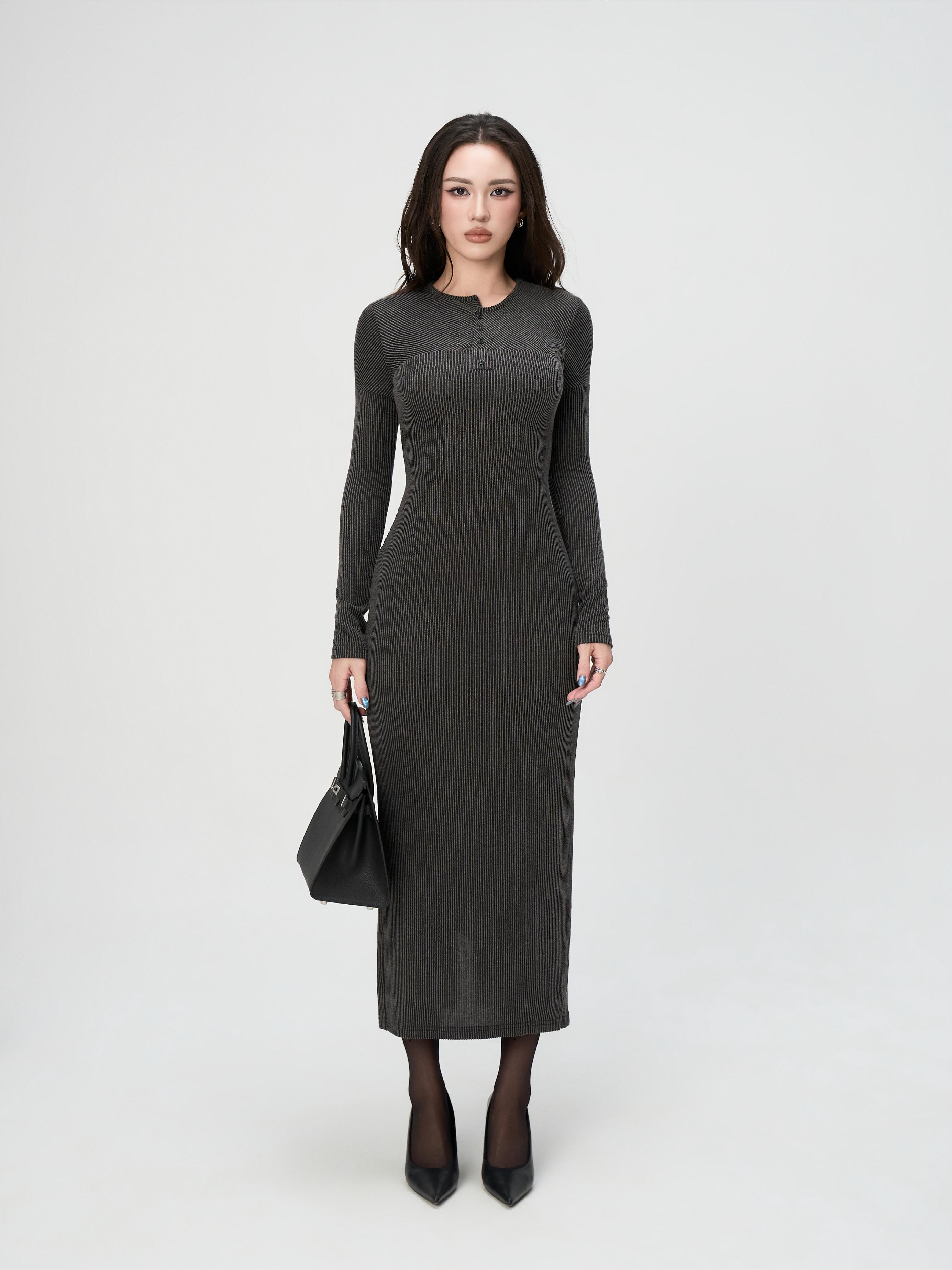 Váy Dài Tay Nữ BUSY Dáng Maxi Ôm Body Kẻ Sọc Cổ Lệch - VDT26