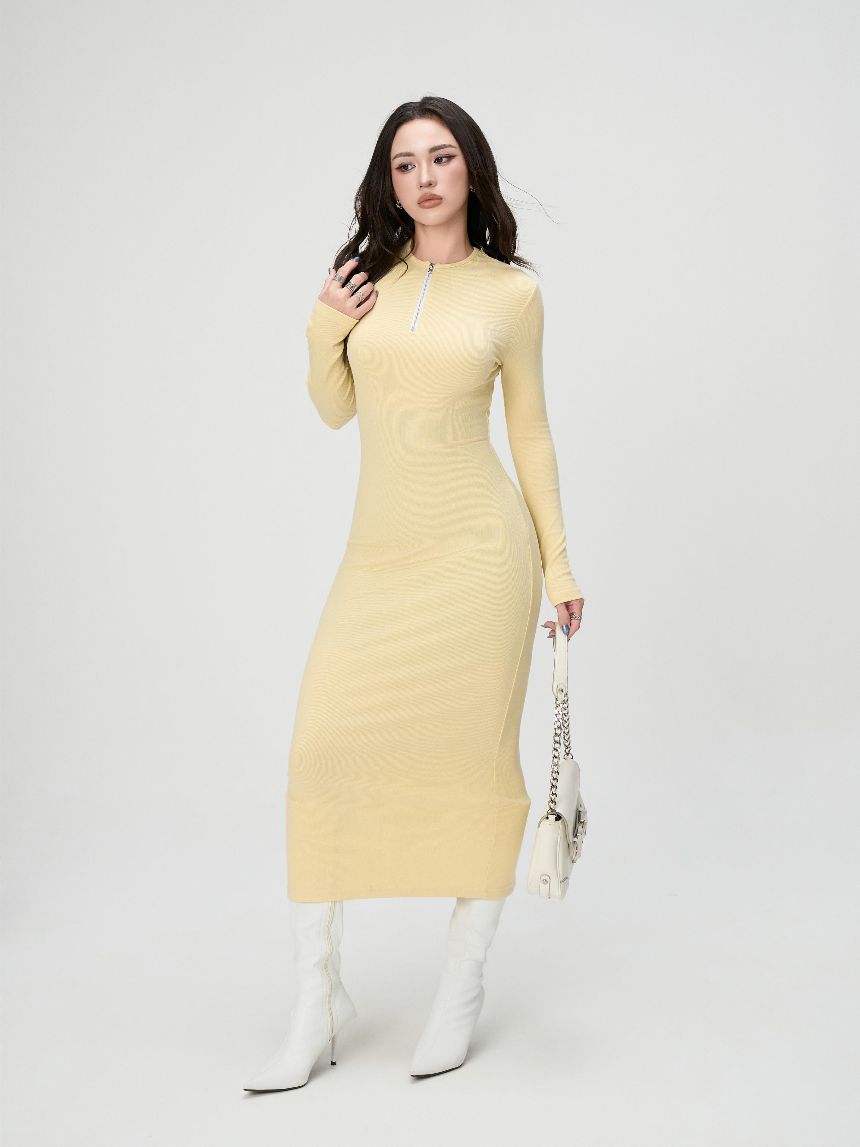 Váy Dài Tay Nữ BUSY Dáng Maxi Ôm Body Cổ Tròn Khoá - VDT31
