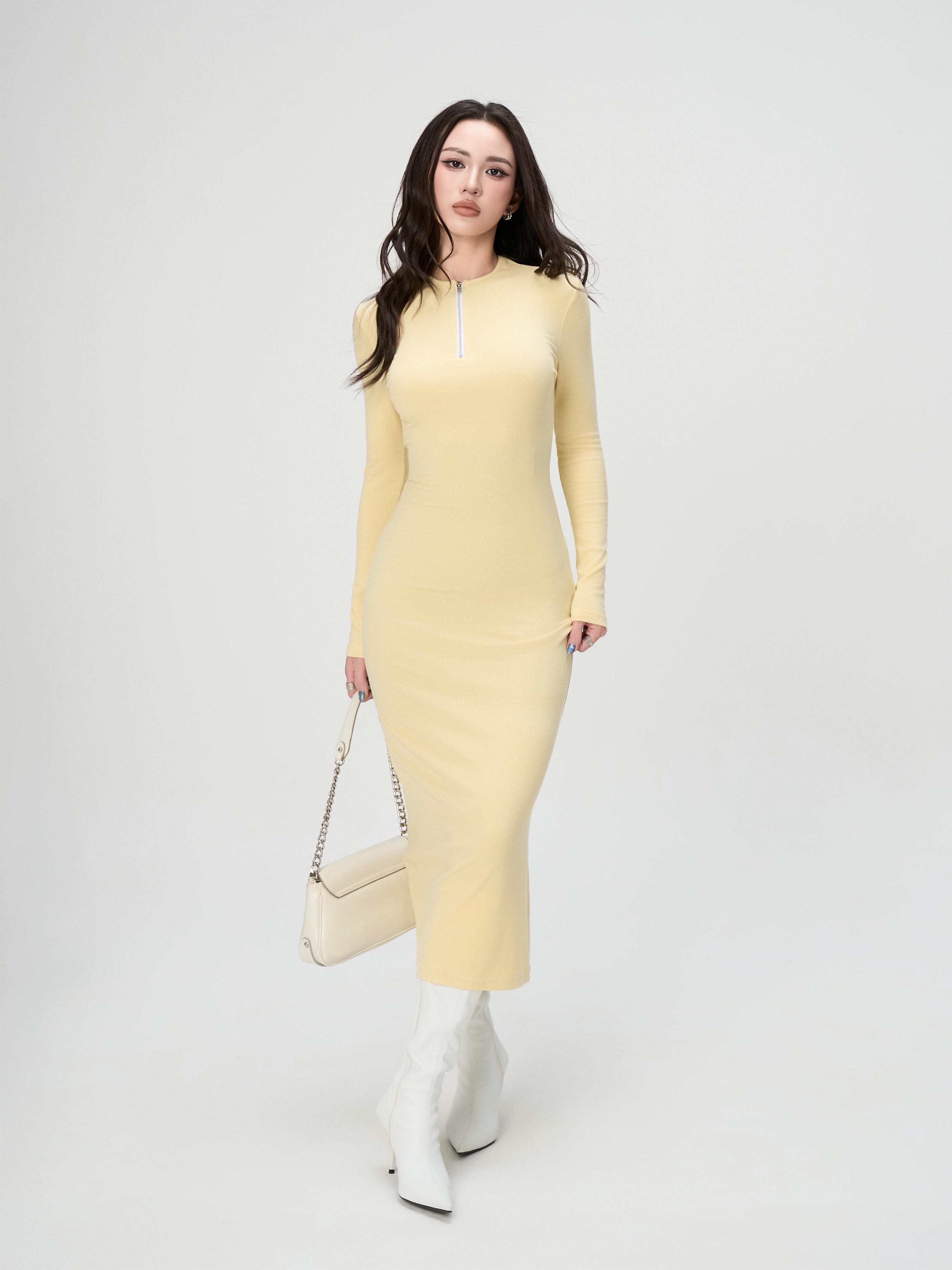 Váy Dài Tay Nữ BUSY Dáng Maxi Ôm Body Cổ Tròn Khoá - VDT31