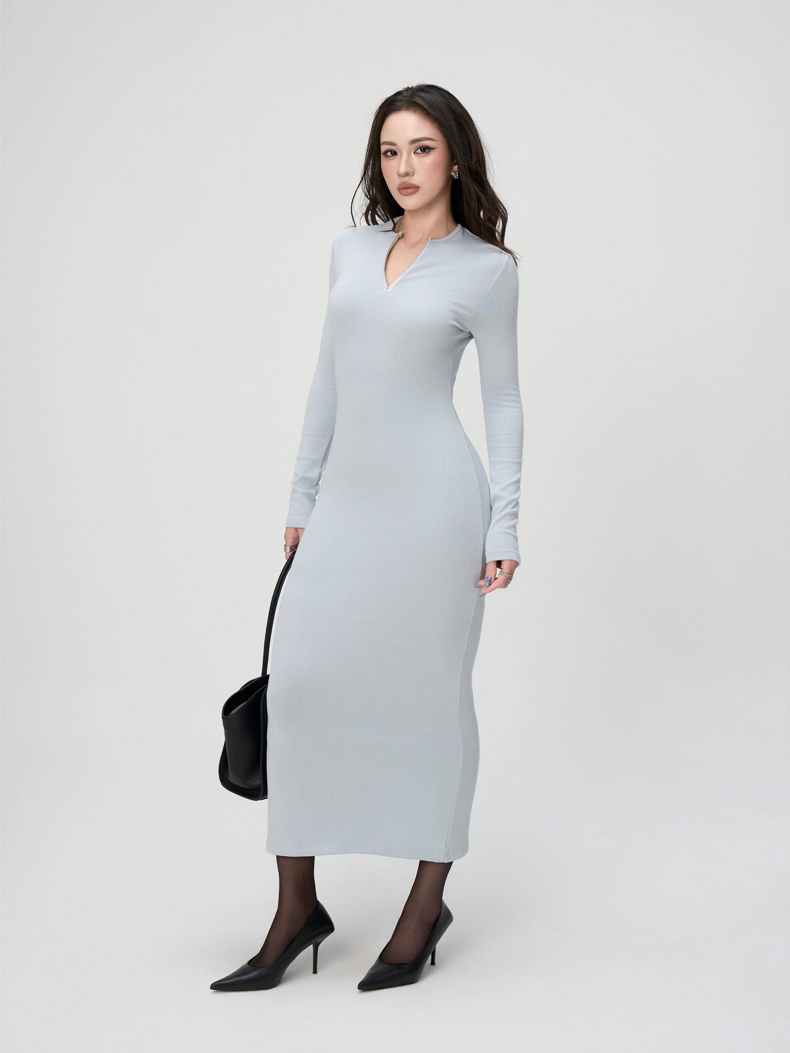 Váy Dài Tay Nữ BUSY Dáng Maxi Ôm Body Cổ Tròn Khoá - VDT31