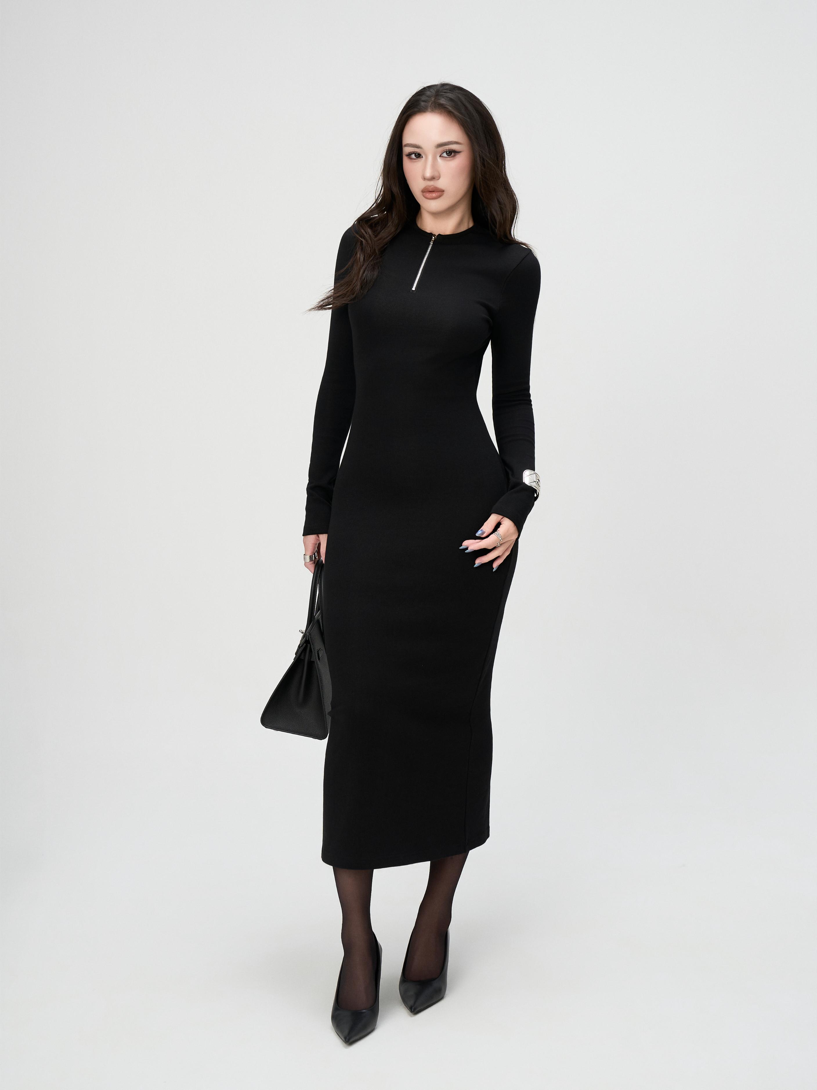 Váy Dài Tay Nữ BUSY Dáng Maxi Ôm Body Cổ Tròn Khoá - VDT31