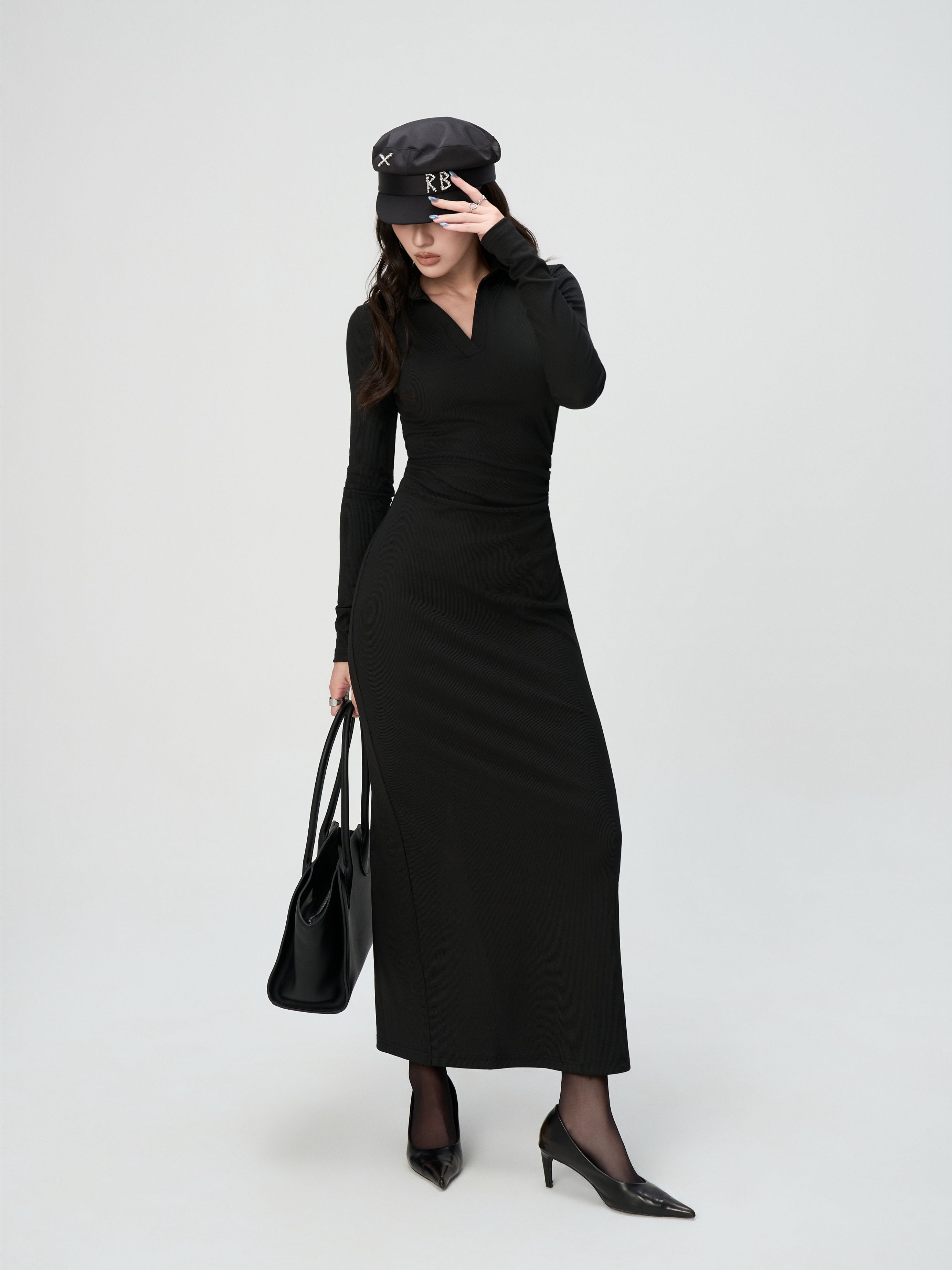 Váy Dài Tay Nữ BUSY Dáng Maxi Ôm Body Cổ V Nhún Eo - VDT23