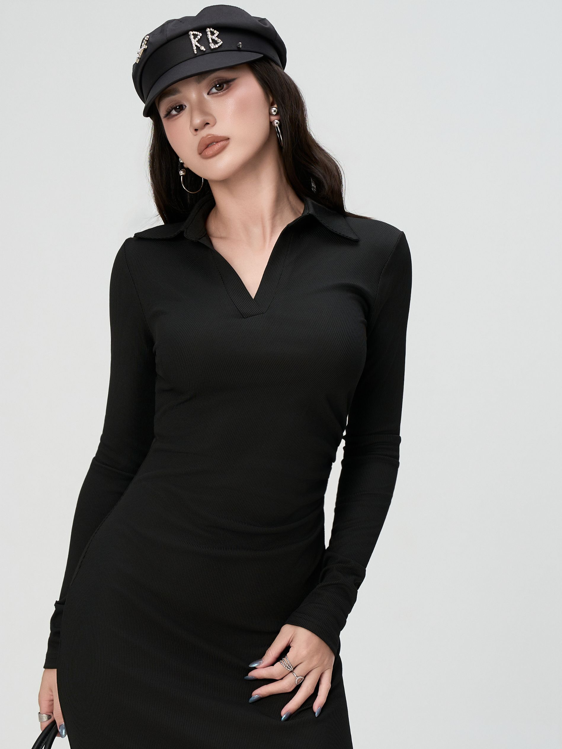 Váy Dài Tay Nữ BUSY Dáng Maxi Ôm Body Cổ V Nhún Eo - VDT23