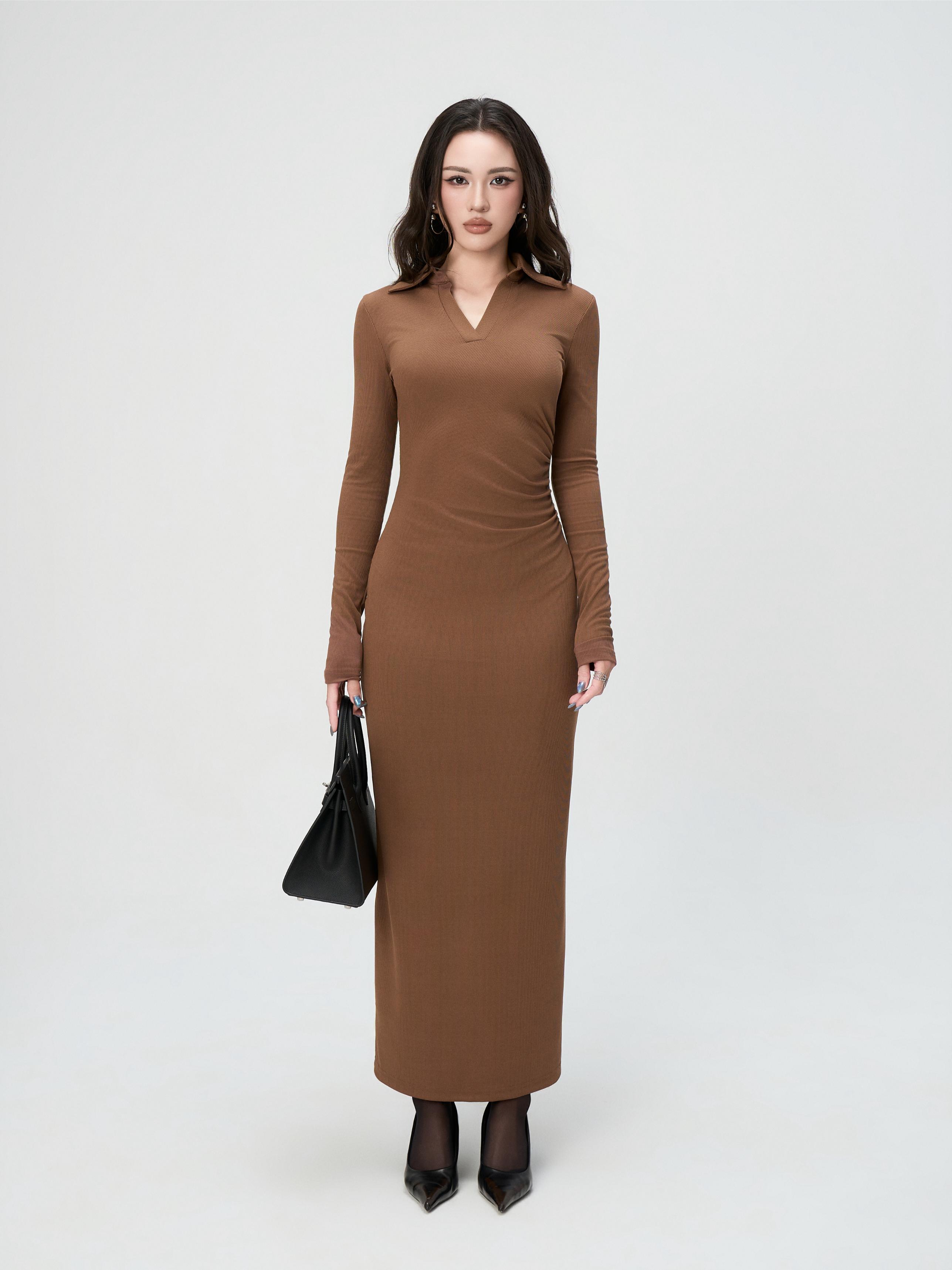 Váy Dài Tay Nữ BUSY Dáng Maxi Ôm Body Cổ V Nhún Eo - VDT23