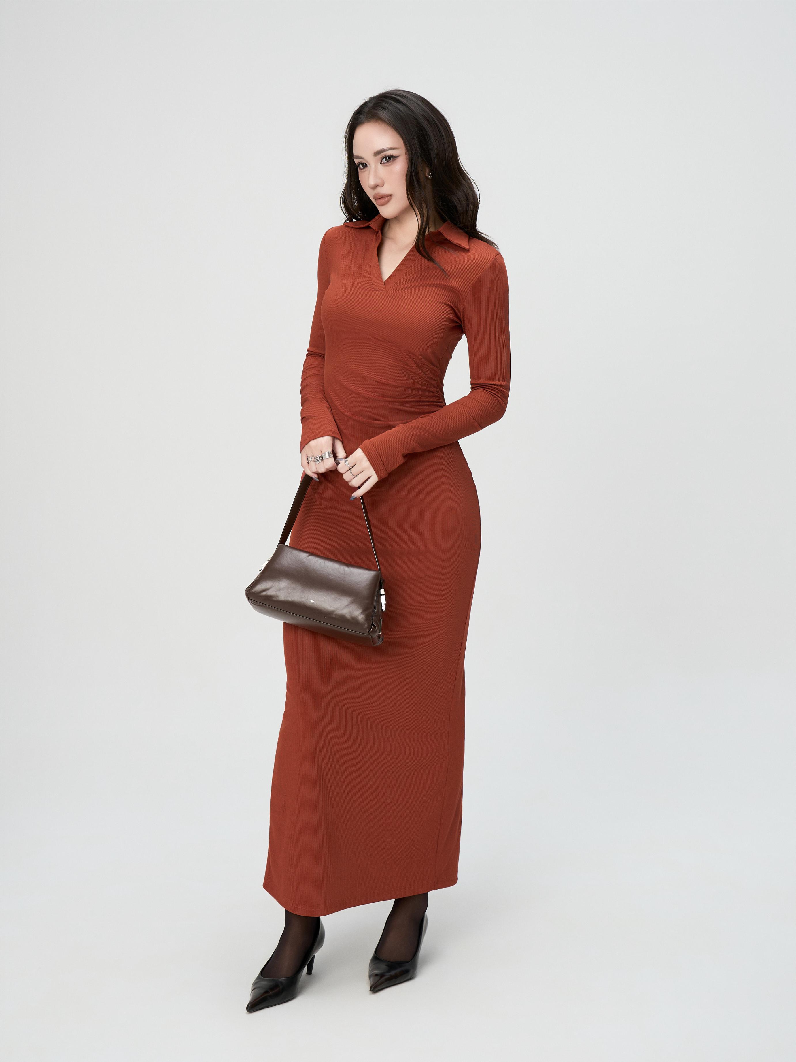 Váy Dài Tay Nữ BUSY Dáng Maxi Ôm Body Cổ V Nhún Eo - VDT23