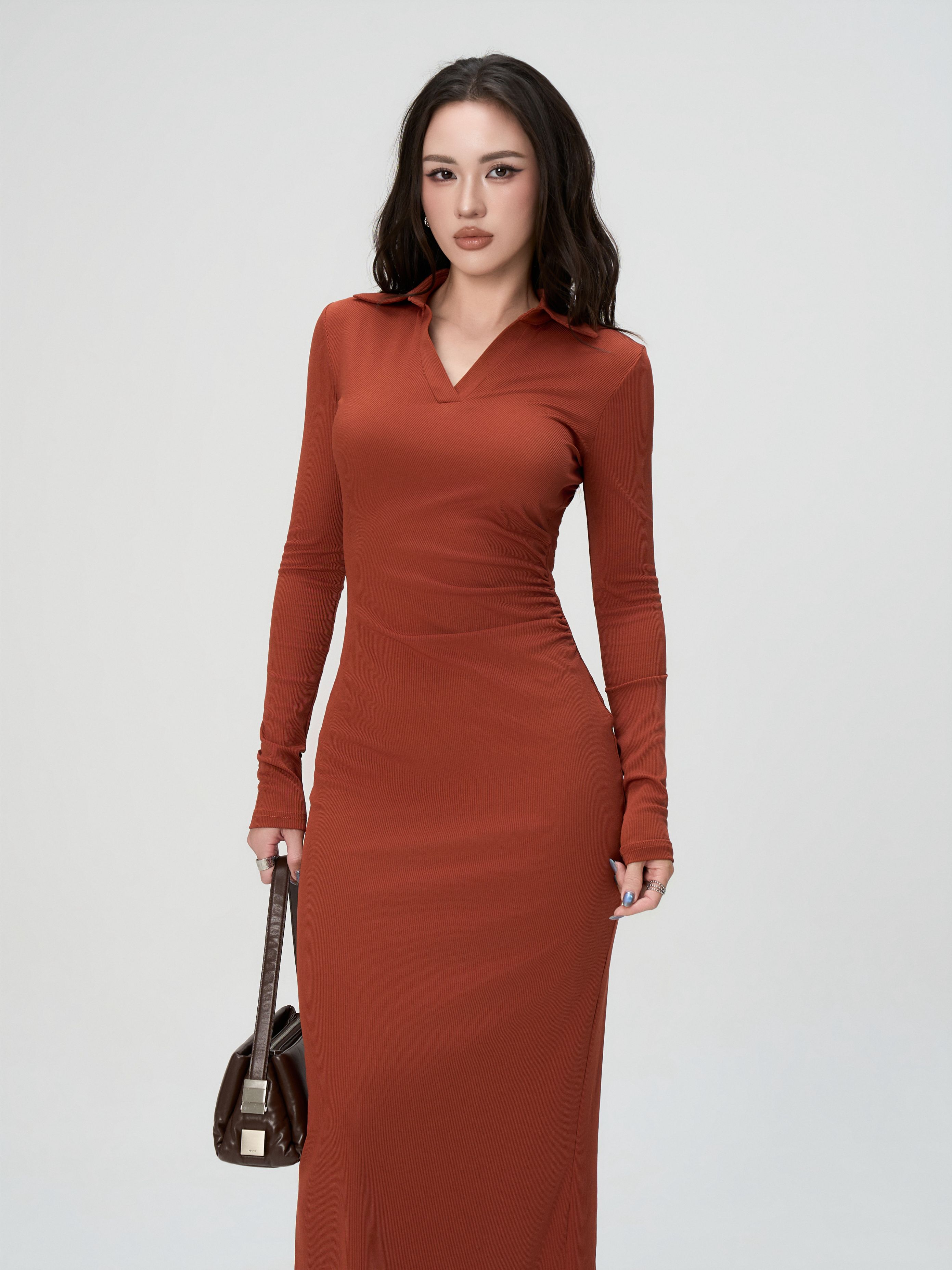 Váy Dài Tay Nữ BUSY Dáng Maxi Ôm Body Cổ V Nhún Eo - VDT23