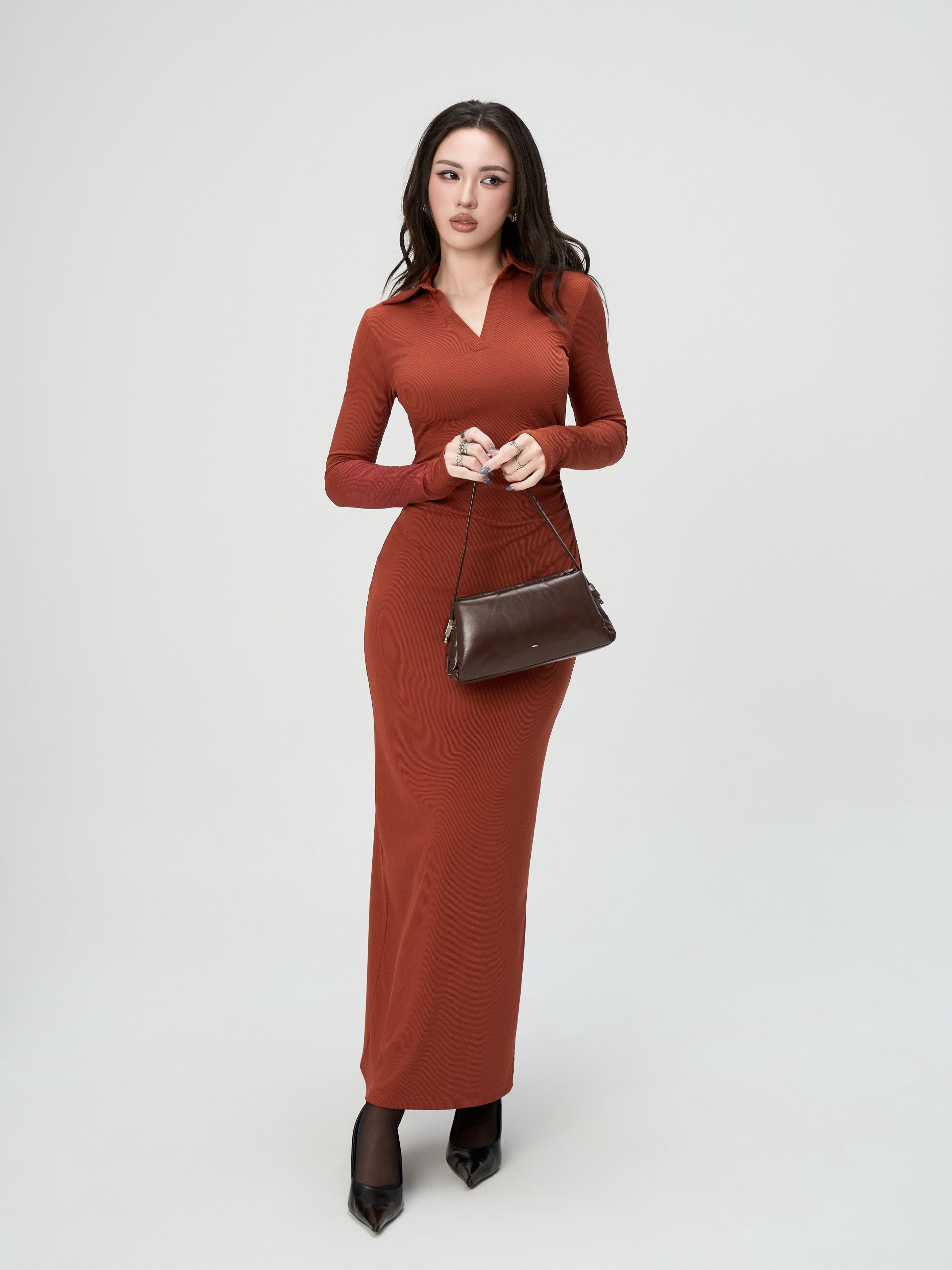 Váy Dài Tay Nữ BUSY Dáng Maxi Ôm Body Cổ V Nhún Eo - VDT23