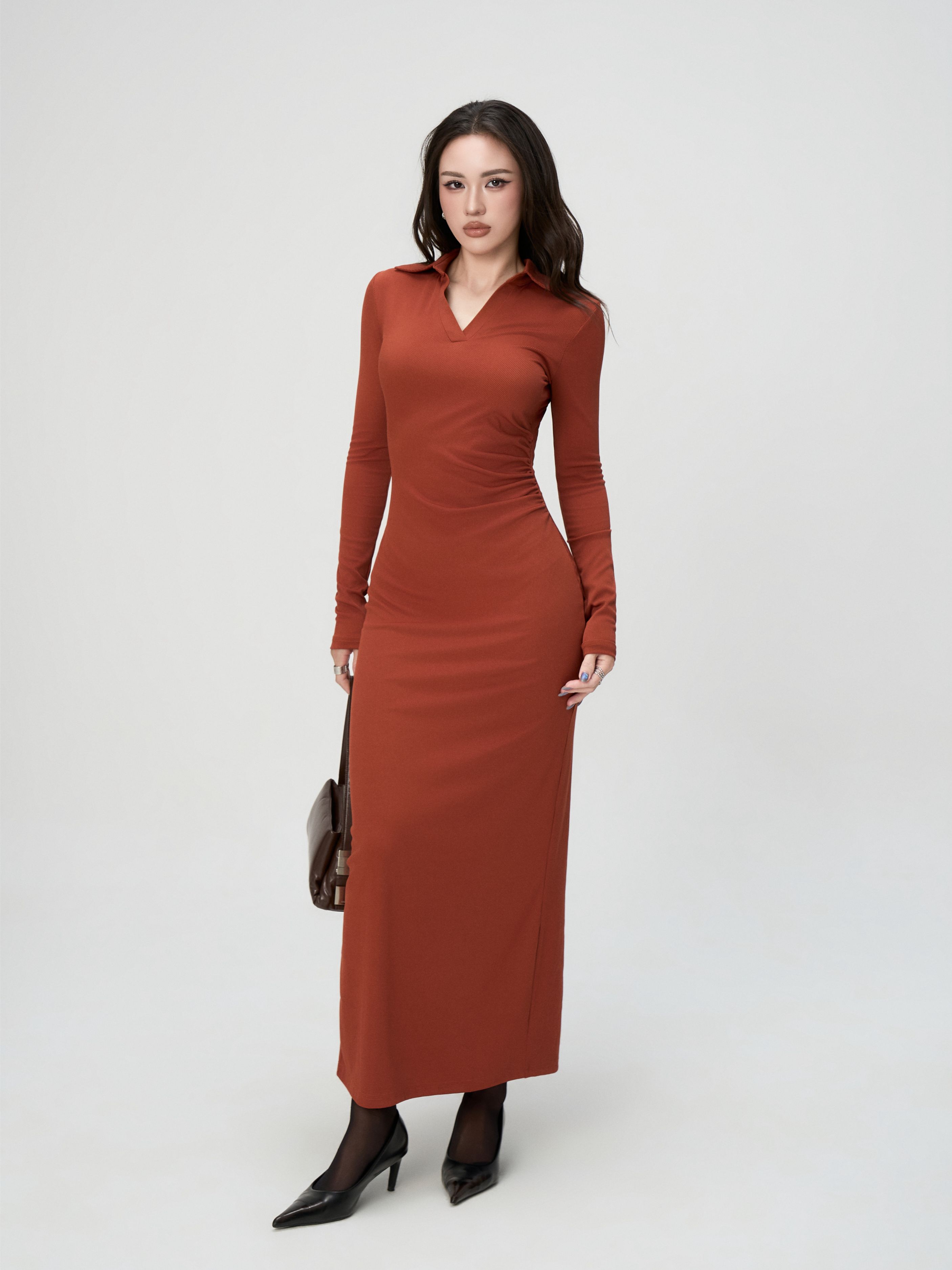 Váy Dài Tay Nữ BUSY Dáng Maxi Ôm Body Cổ V Nhún Eo - VDT23