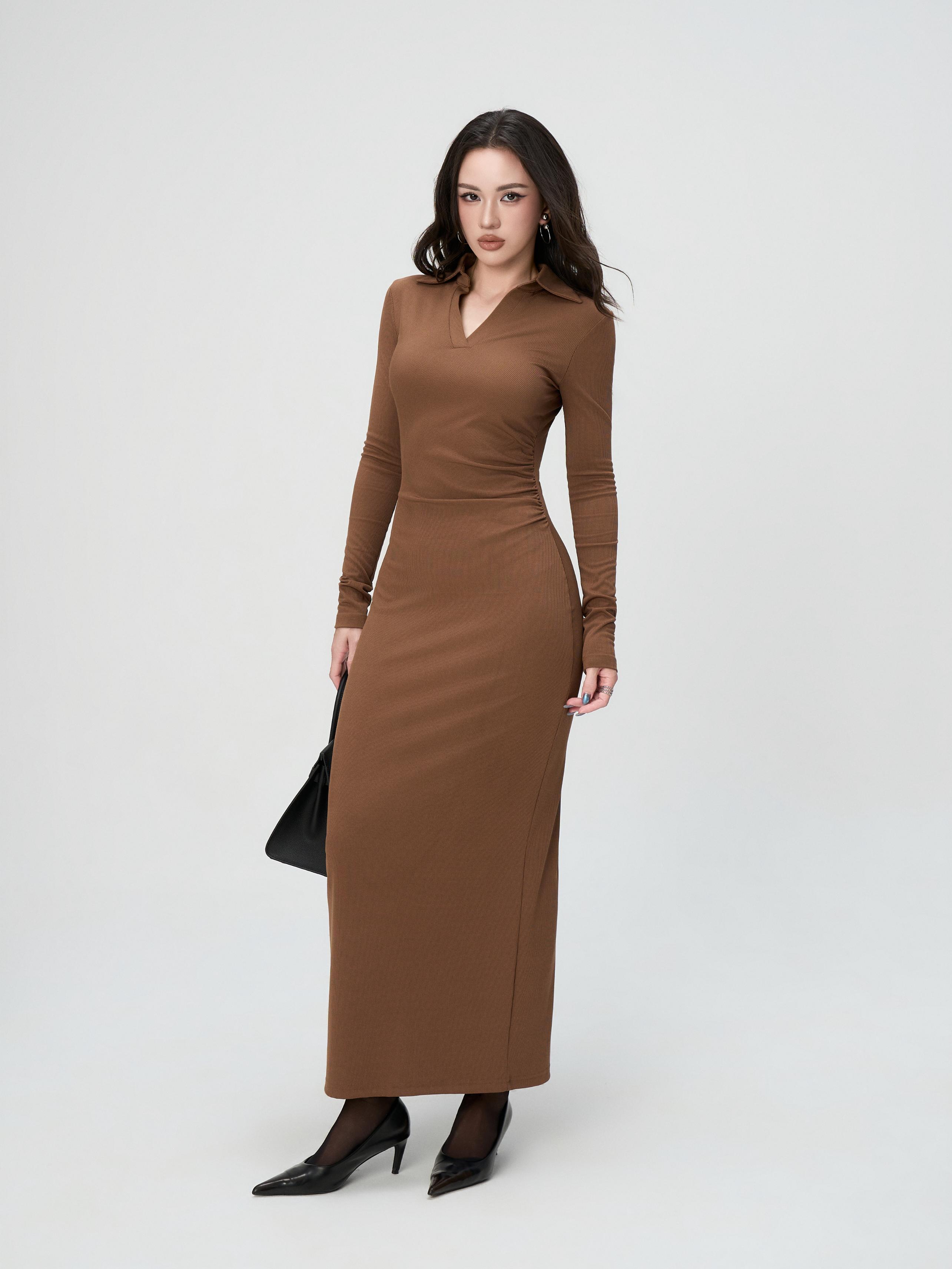 Váy Dài Tay Nữ BUSY Dáng Maxi Ôm Body Cổ V Nhún Eo - VDT23