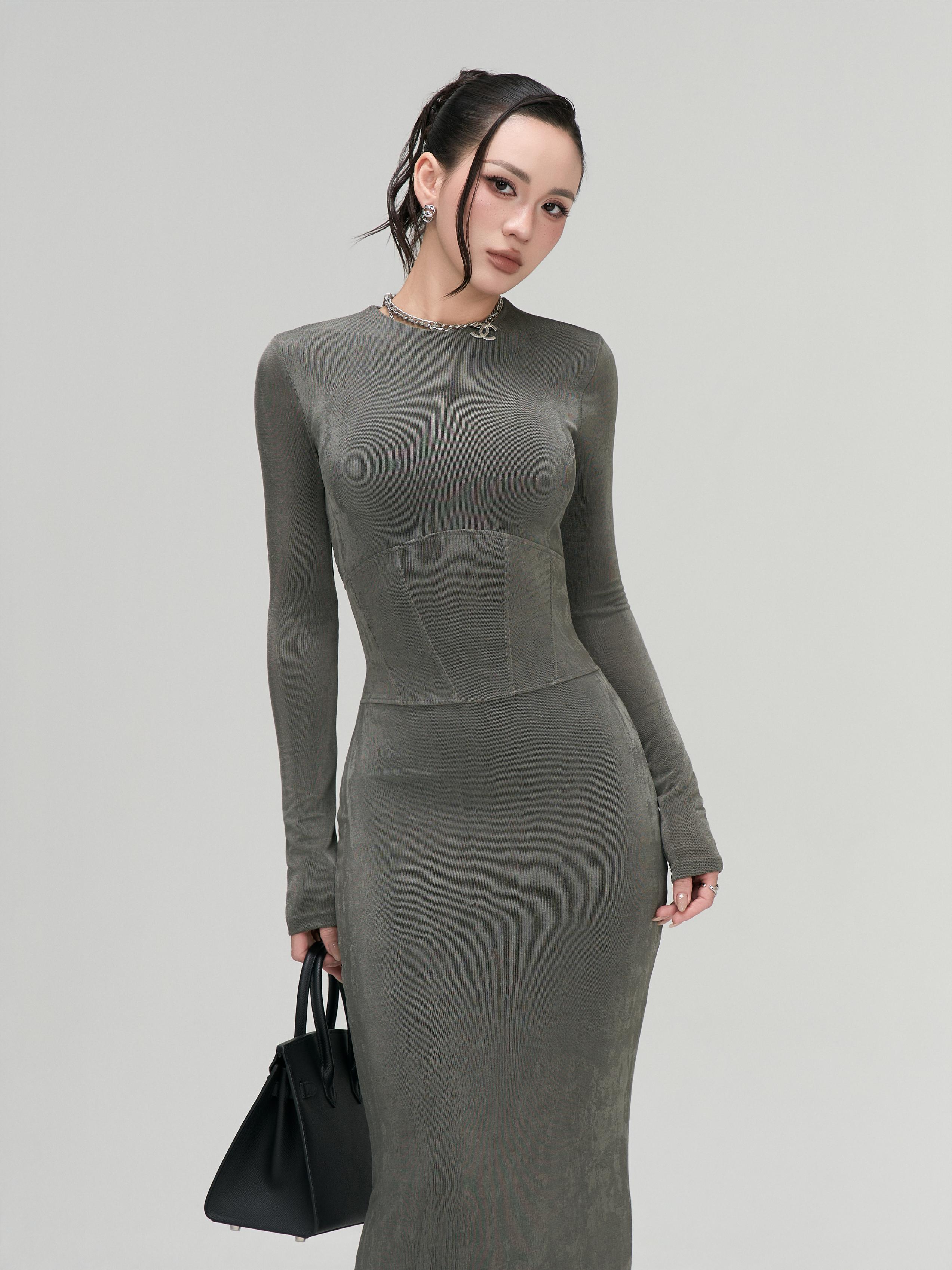 Váy Dài Tay Corset BUSY Dáng Dài Ôm Tôn Dáng Thun Nhúng Cao Cấp - VCS2-SX