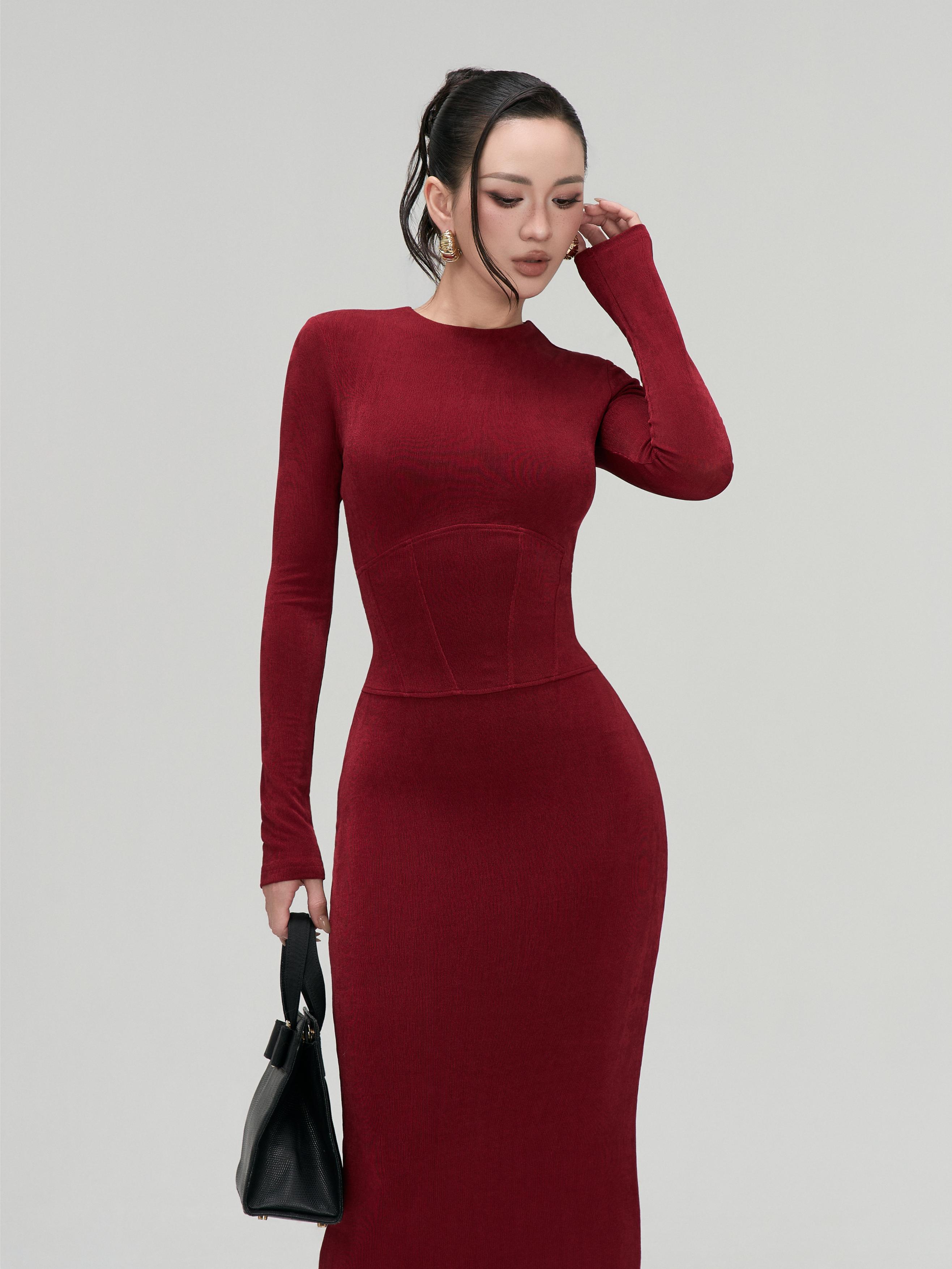 Váy Dài Tay Corset BUSY Dáng Dài Ôm Tôn Dáng Thun Nhúng Cao Cấp - VCS2-SX