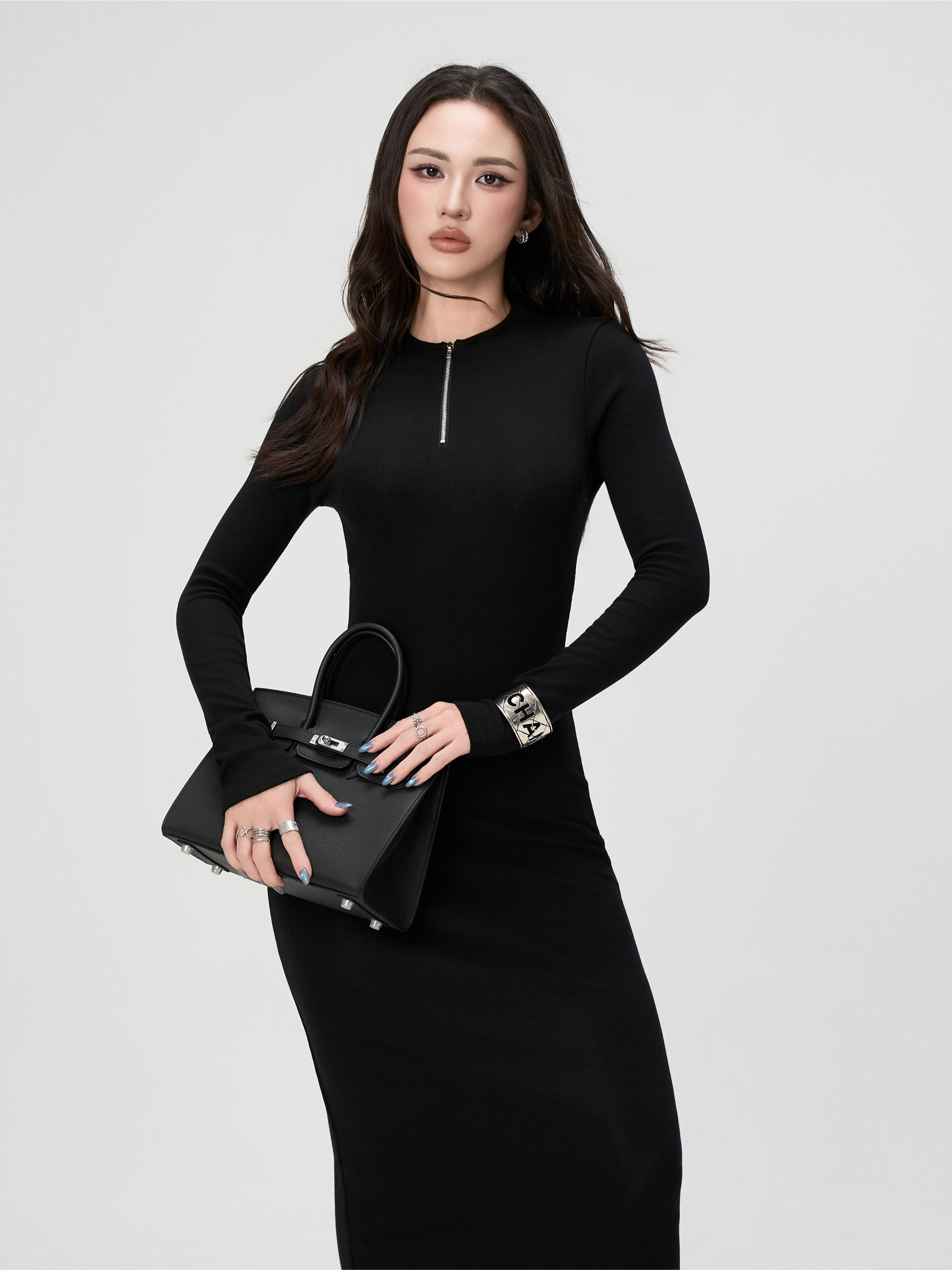 Váy Dài Tay Nữ BUSY Dáng Maxi Ôm Body Cổ Tròn Khoá - VDT31
