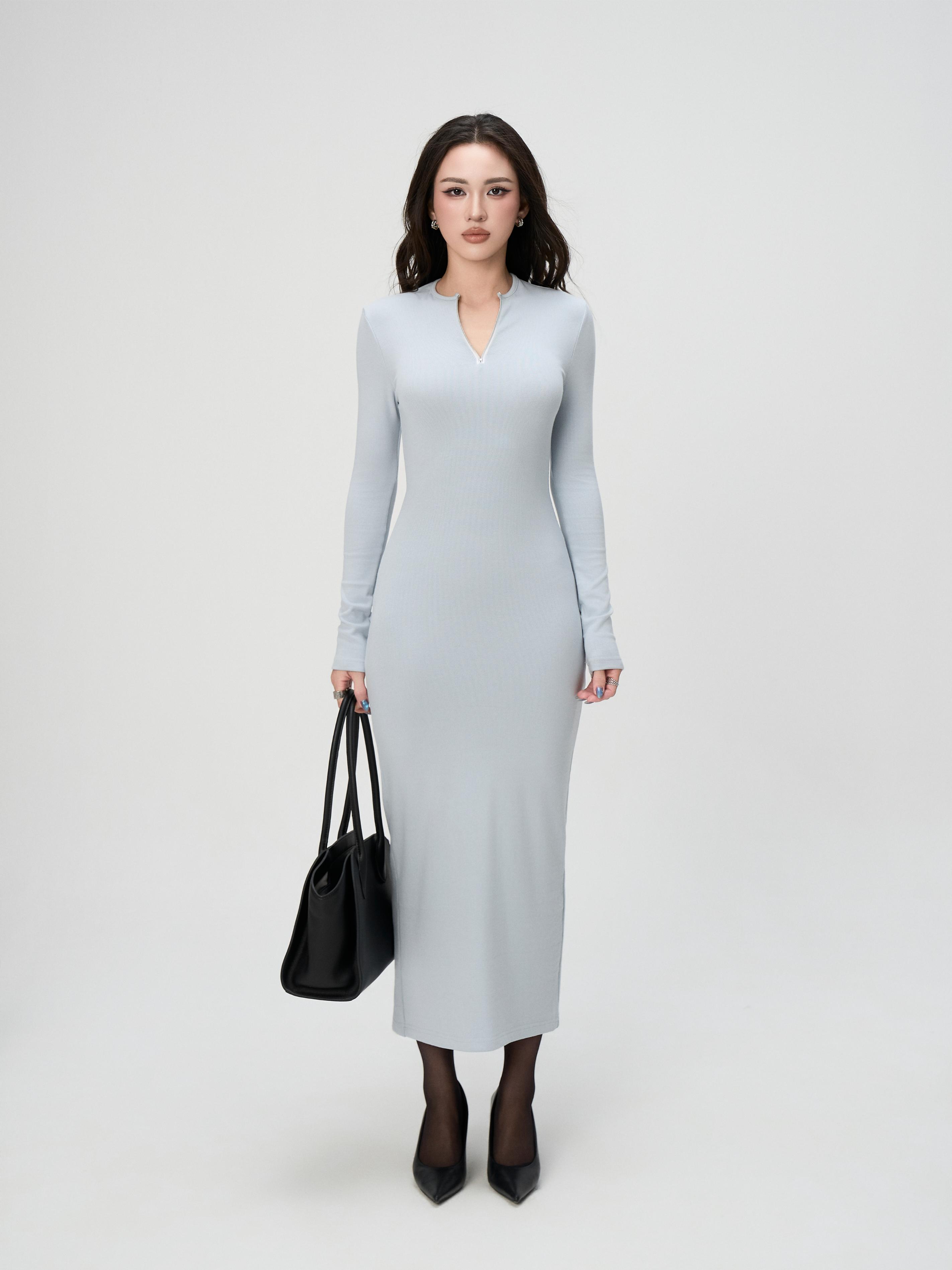 Váy Dài Tay Nữ BUSY Dáng Maxi Ôm Body Cổ Tròn Khoá - VDT31