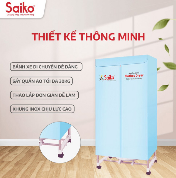 Tủ sấy quần áo Saiko có thiết kế bánh xe thông minh