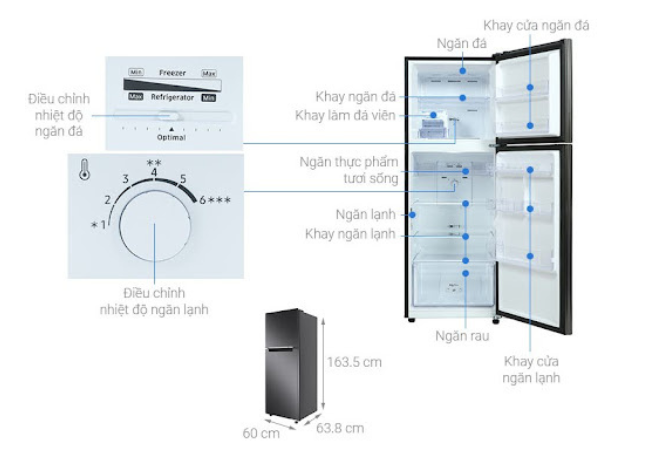 Một mẫu tủ lạnh Samsung có điều chỉnh nhiệt độ vật lý