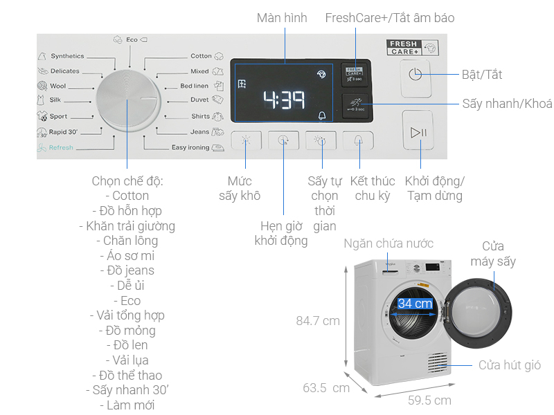 Máy sấy ngưng tụ Whirlpool 8kg FFTCM118XBEE