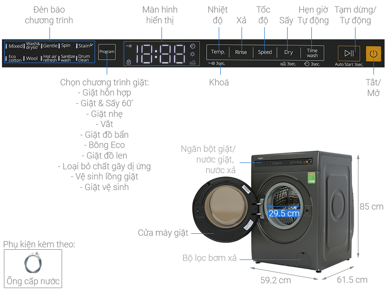 Máy giặt sấy Whirlpool 10kg WWEB10702FG