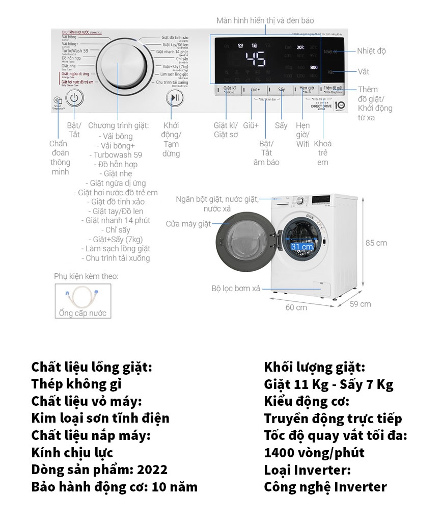 Máy giặt sấy LG Inverter 11 kg sấy 7kg  FV1411D4W