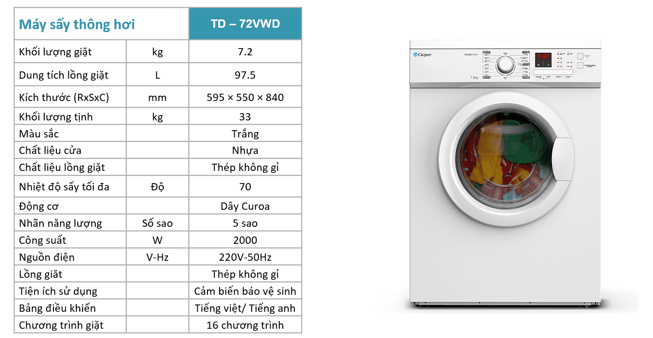 Máy sấy casper model 2022  TD-72VWD có khối lượng sấy 7.2kg