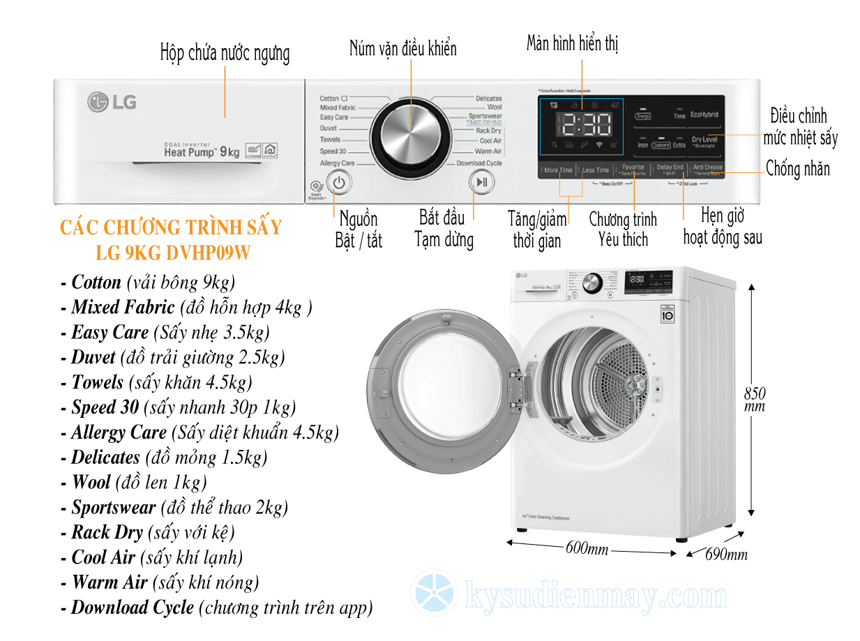 Máy sấy bơm nhiệt LG 9 Kg DVHP09W