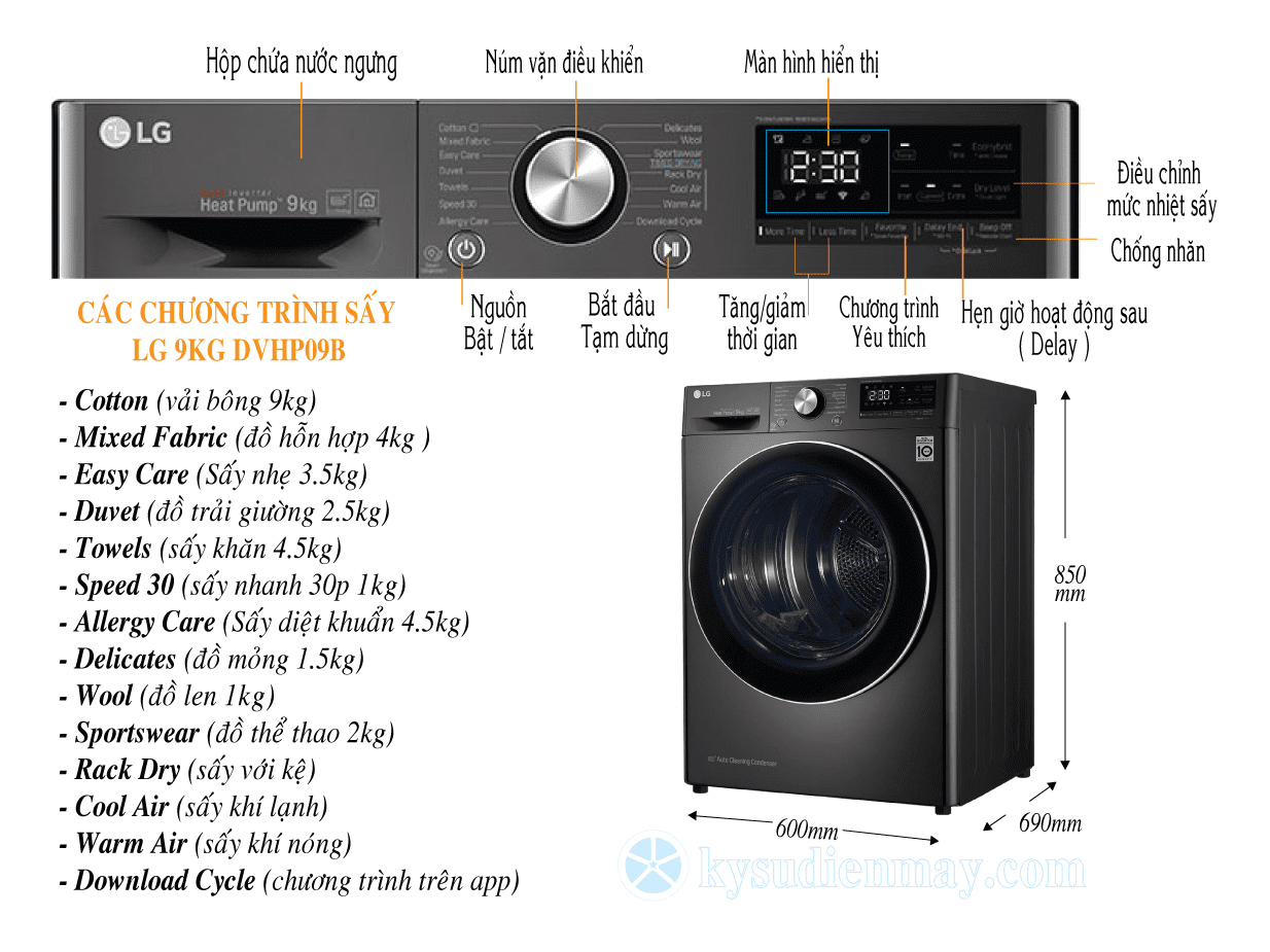 Máy sấy bơm nhiệt LG 9kg DVHP09B