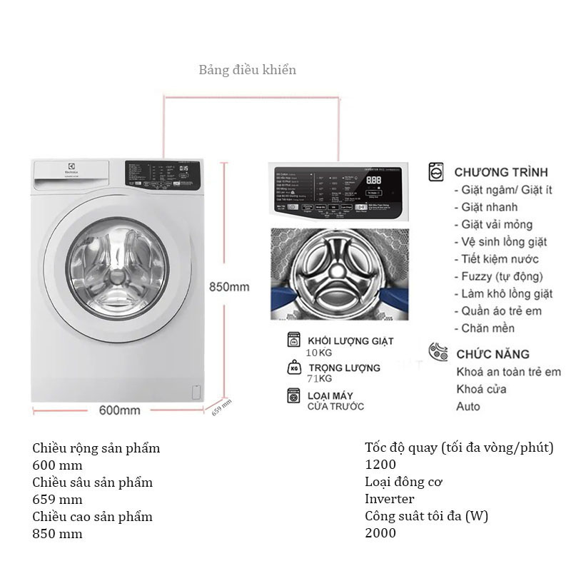 Máy giặt Electrolux inverter 10kg EWF1025DQWB