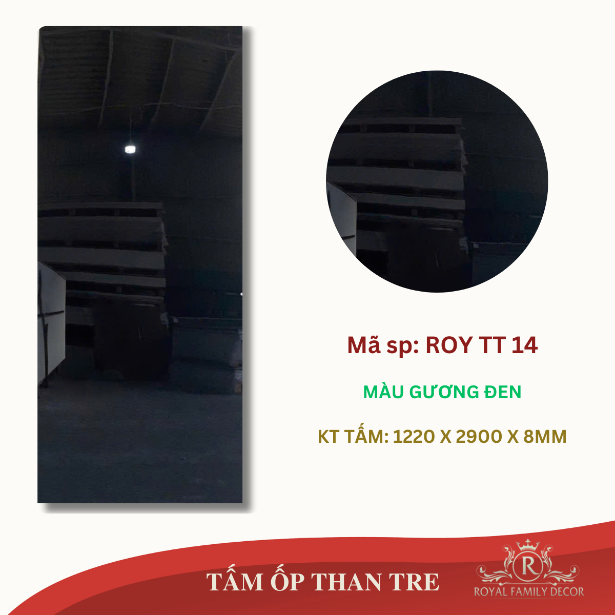 TẤM ỐP THAN TRE ROYTT14 GƯƠNG ĐEN (1.22*2.9m*8mm)