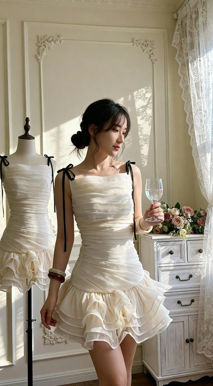 TN1685 Đầm Thiết Kế Dáng Ngắn Tầng Xếp Ly – Sang Trọng Như Nàng Thơ
