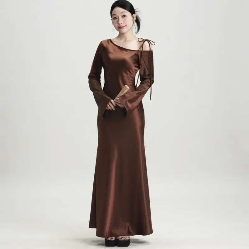 Đầm Lụa Dự Tiệc Tay Dài Trễ Vai Phối Thắt Nơ Sang Trọng