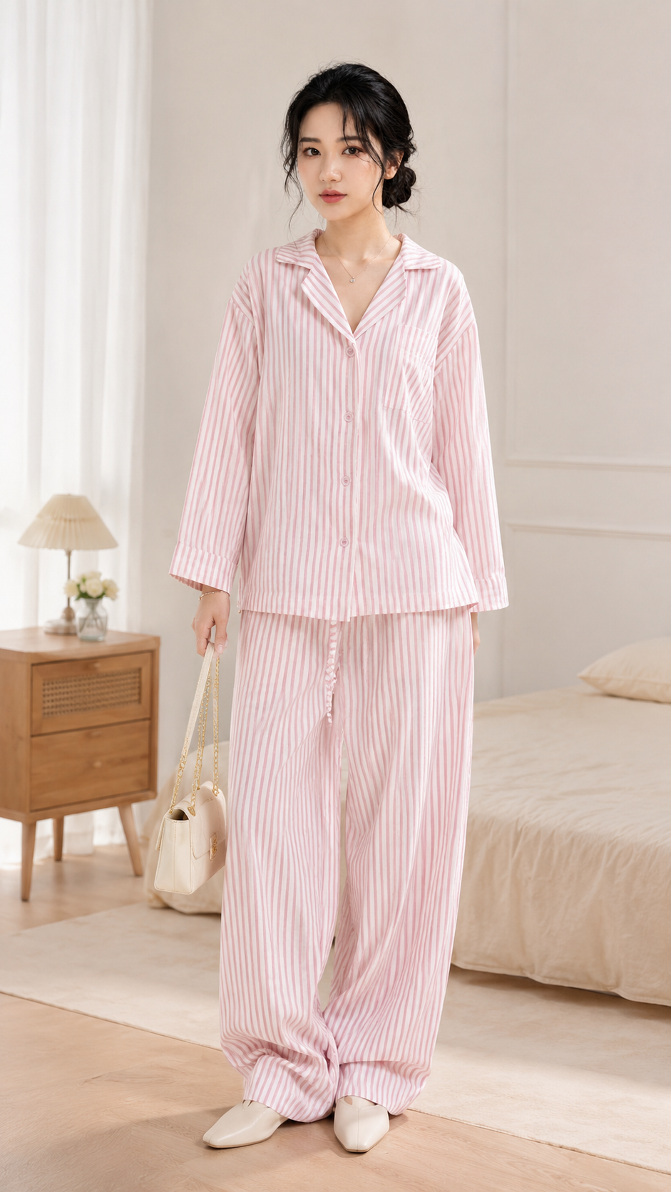Bộ Ngủ Dài Cao Cấp Sọc Hồng Thêu Nổi