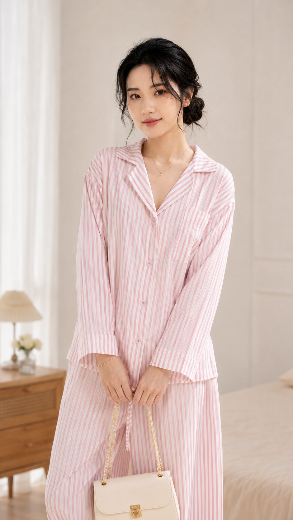Bộ Ngủ Dài Cao Cấp Sọc Hồng Thêu Nổi TN1703