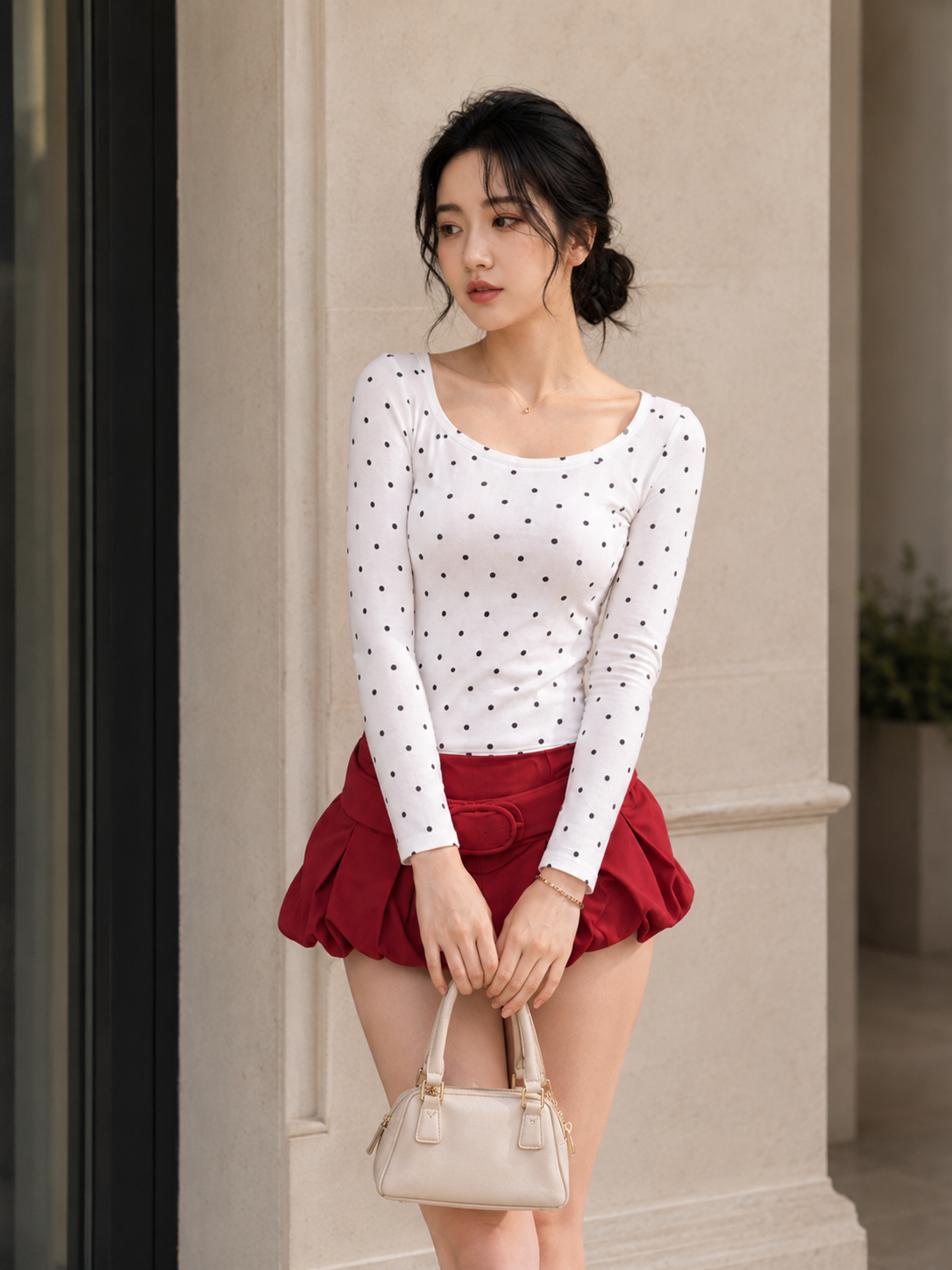 Chân Váy Bí Chất Liệu Phao Phom Ngắn Đỏ Chân Ren Trắng TN3180