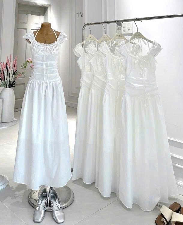 Đầm Midi trắng tay rớt dây cổ yếm nhún chỉ lưng TN3223