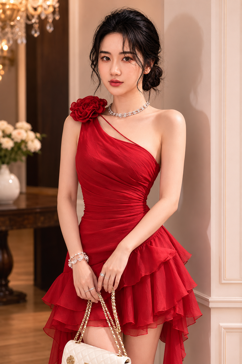 Đầm Lệch Vai Tua Rua Kèm Hoa Sang Chảnh