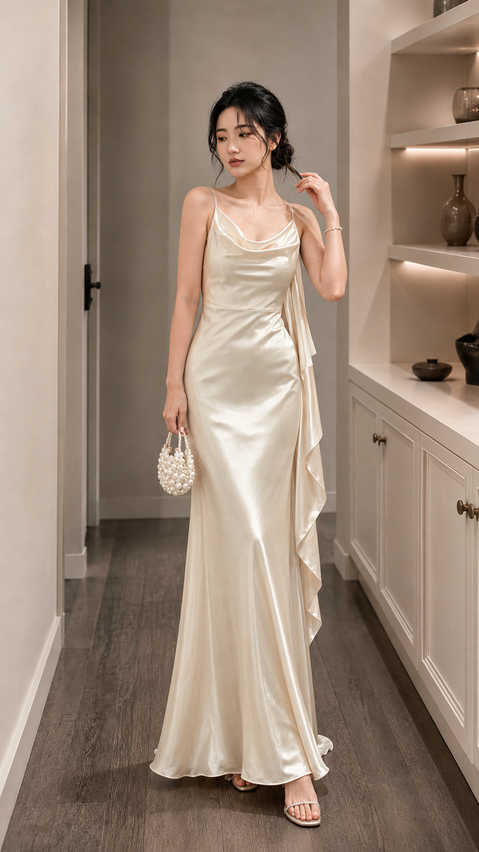 Đầm Lụa Bẹt Vai Dáng Dài Đuôi Cá Thanh Lịch