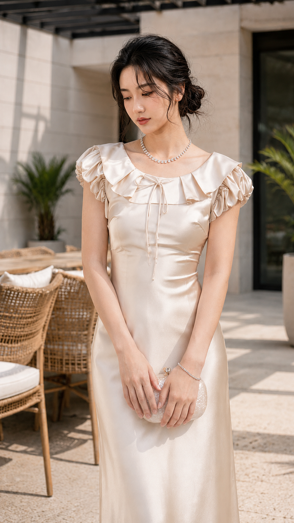 Đầm Lụa Cổ Bèo Tay Phồng Nhún Nữ Tính