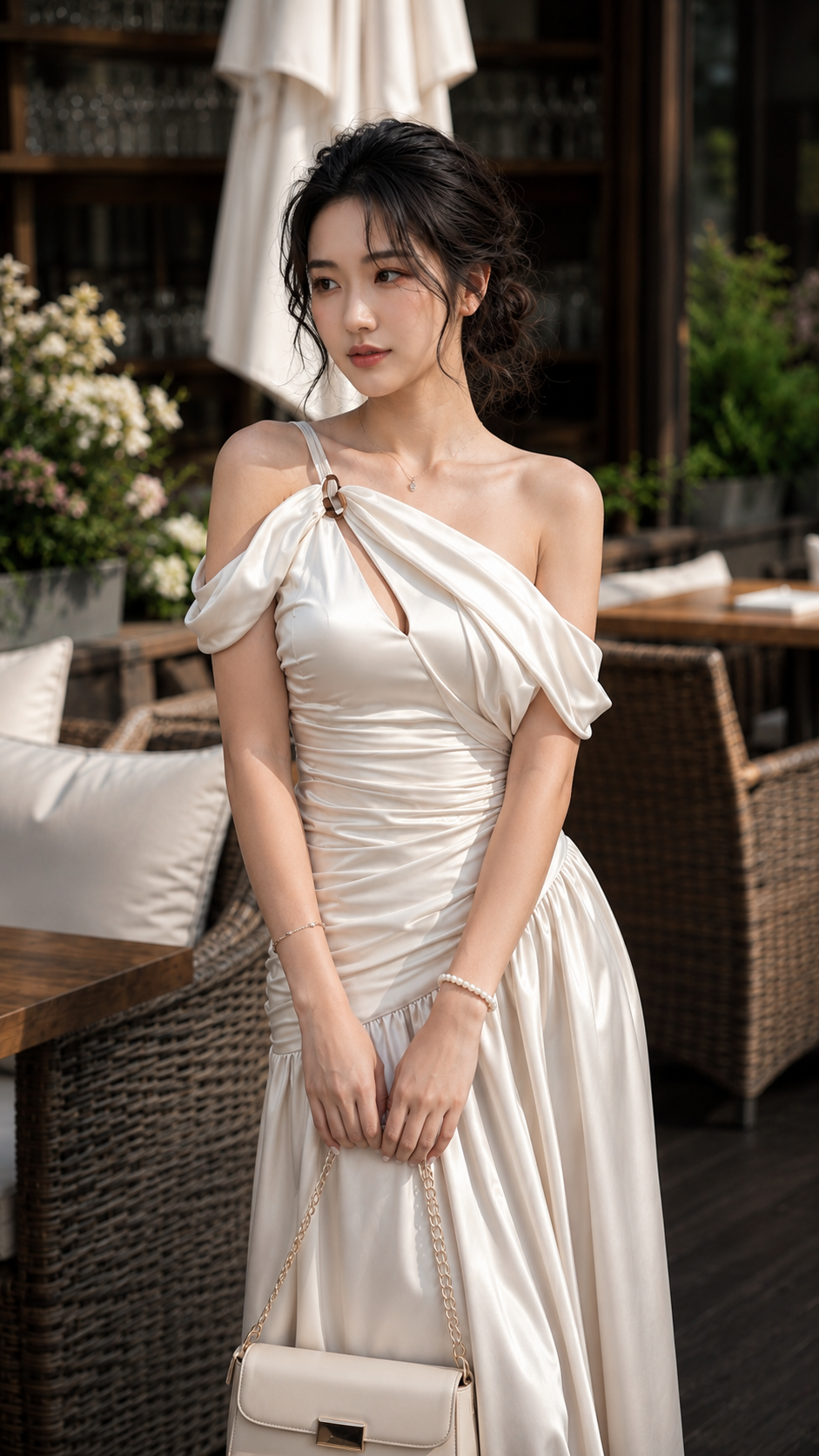 Đầm Lụa Dạ Hội Lệch Vai Kèm Charm