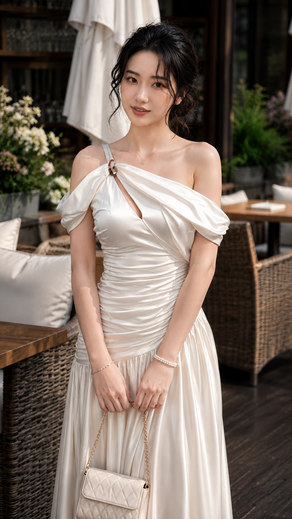 Đầm Lụa Dạ Hội Lệch Vai Kèm Charm